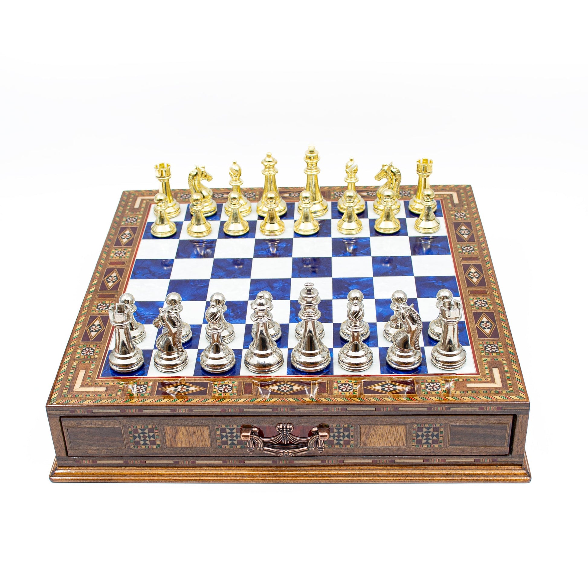 Luxury Wooden Chess Set With Storage Units - Gold And Silver Metal Chess Pieces (Blue)