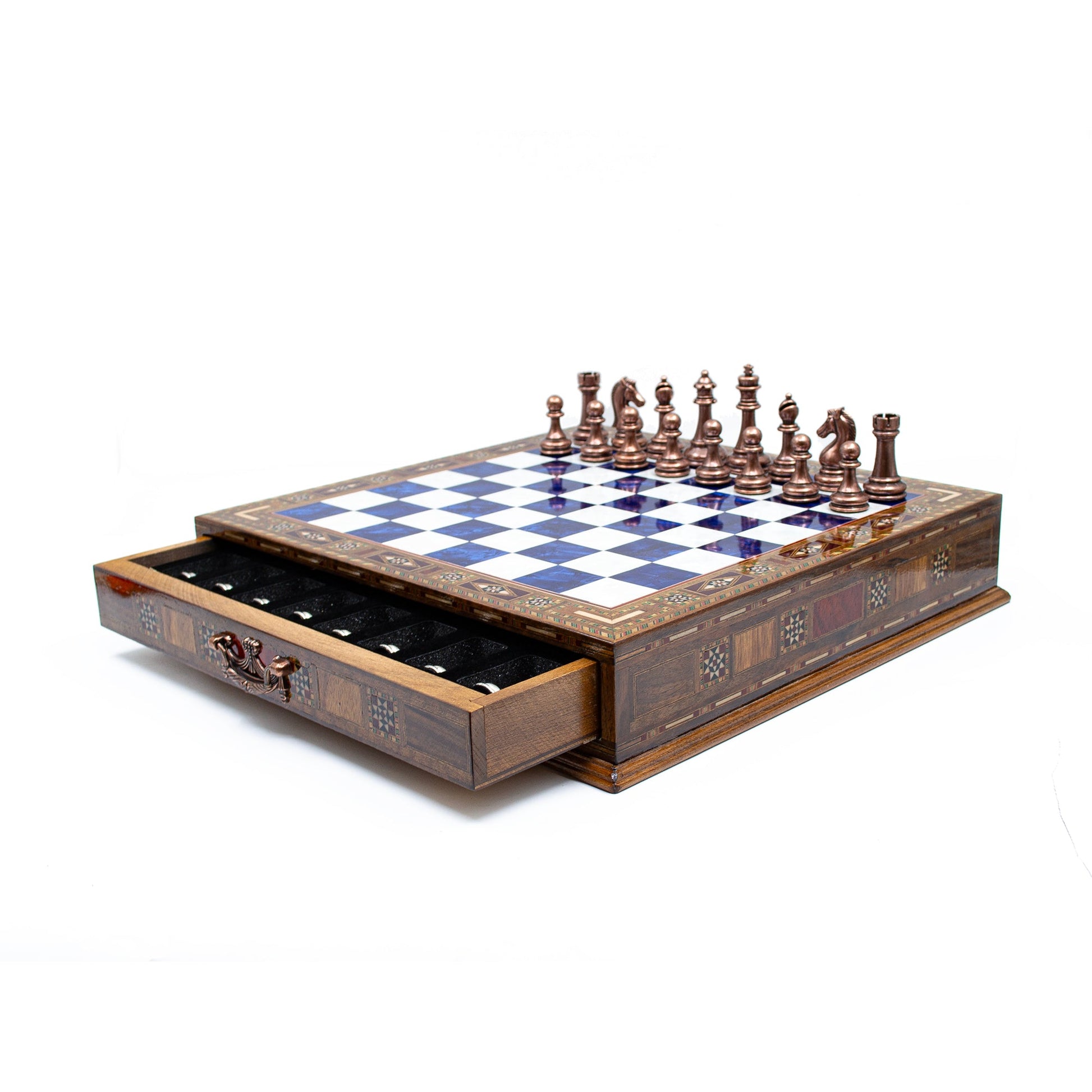 Luxury Wooden Chess Set With Storage Units - Copper And Silver Metal Chess Pieces (Blue)