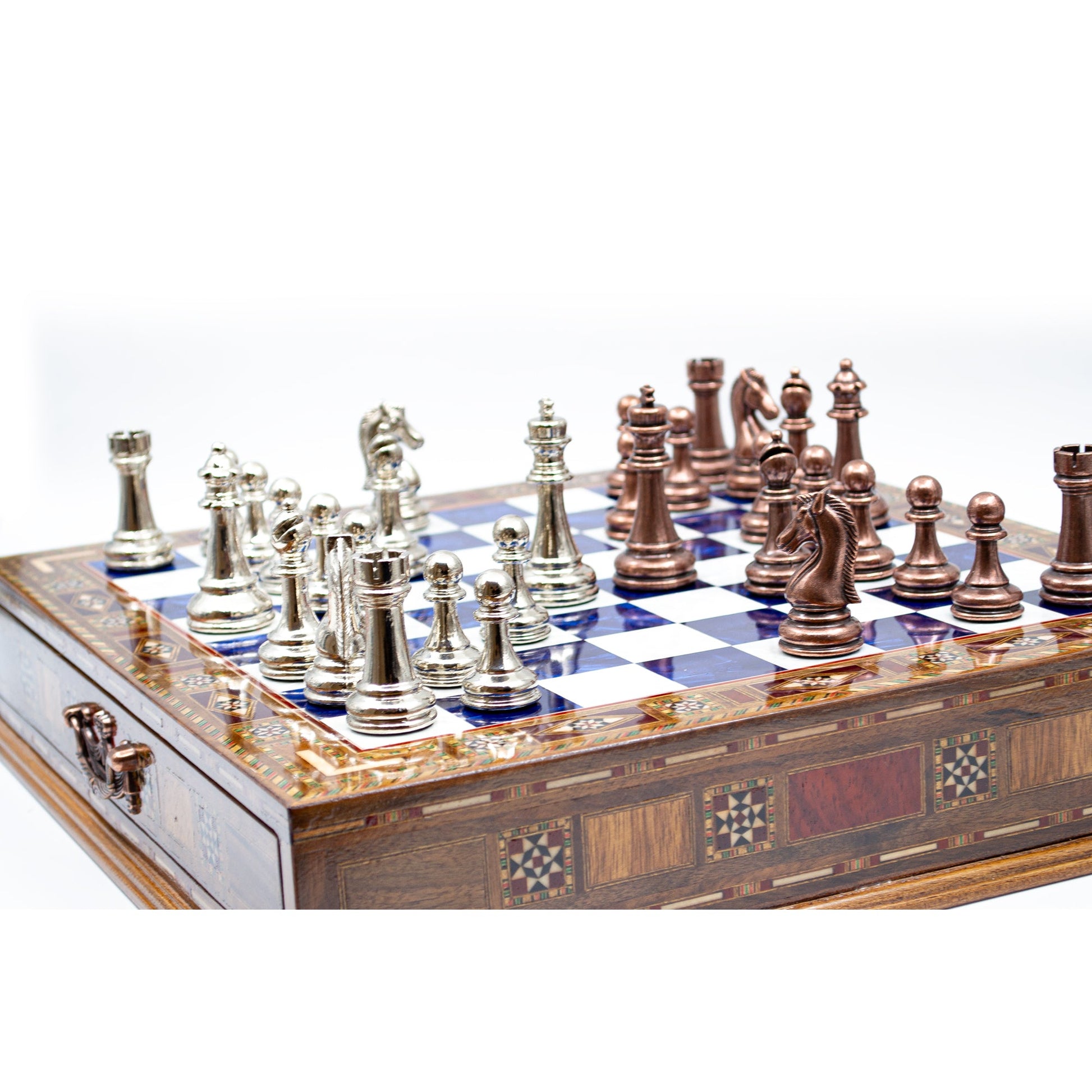 Luxury Wooden Chess Set With Storage Units - Copper And Silver Metal Chess Pieces (Blue)