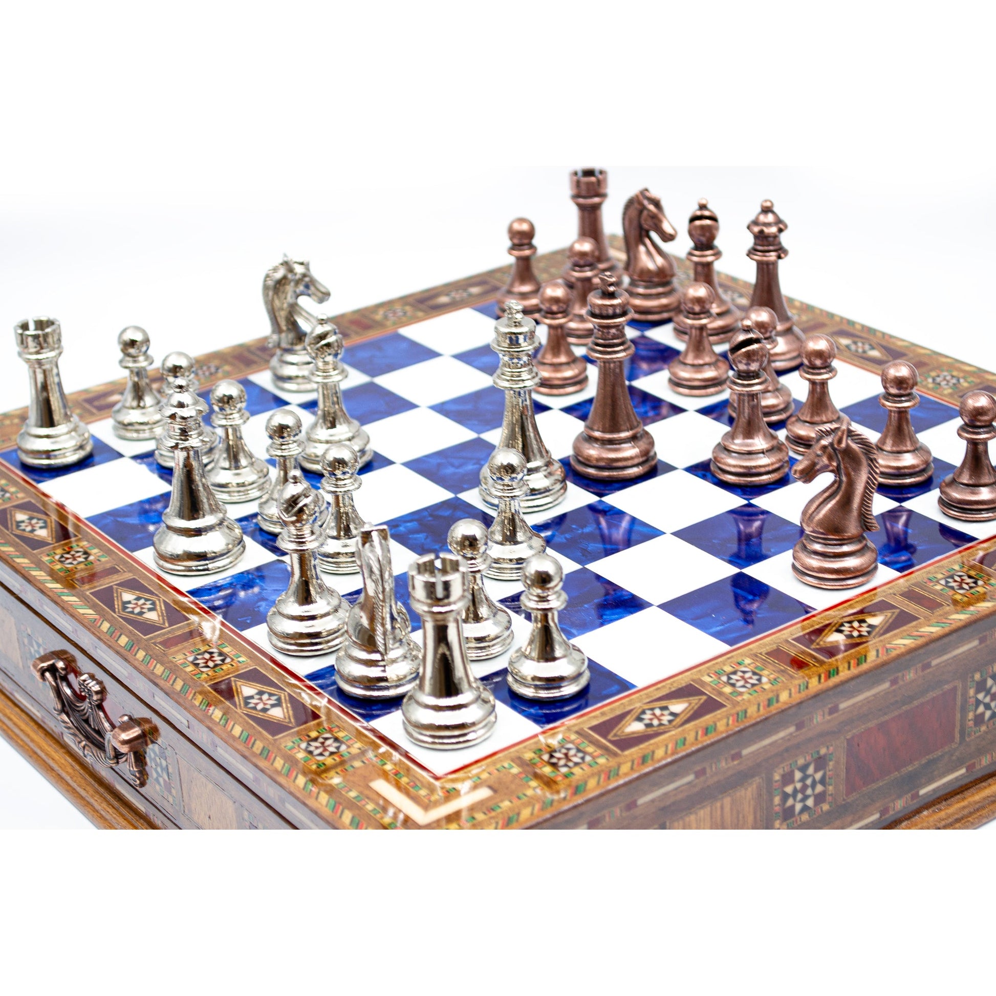 Luxury Wooden Chess Set With Storage Units - Copper And Silver Metal Chess Pieces (Blue)