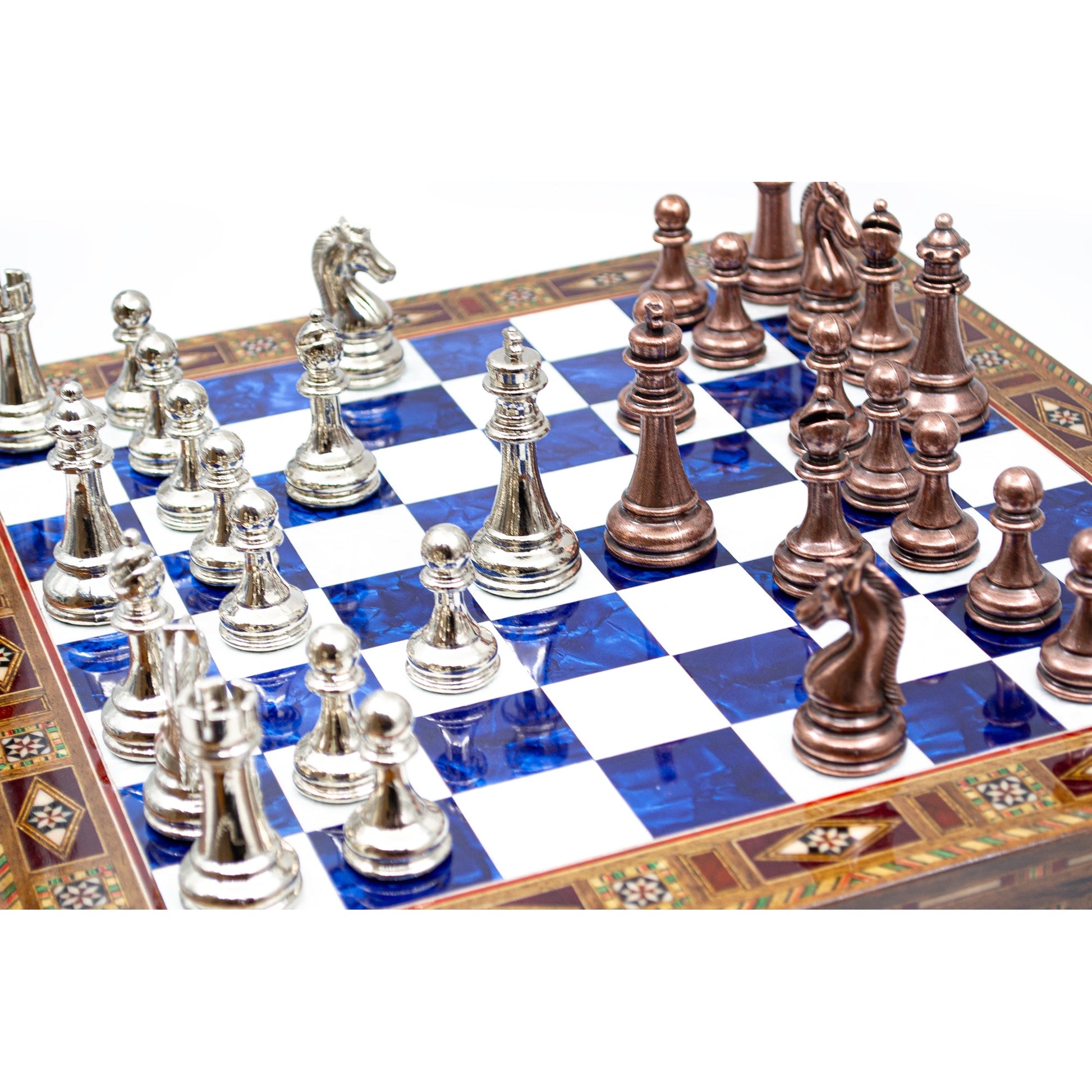 Luxury Wooden Chess Set With Storage Units - Copper And Silver Metal Chess Pieces (Blue)