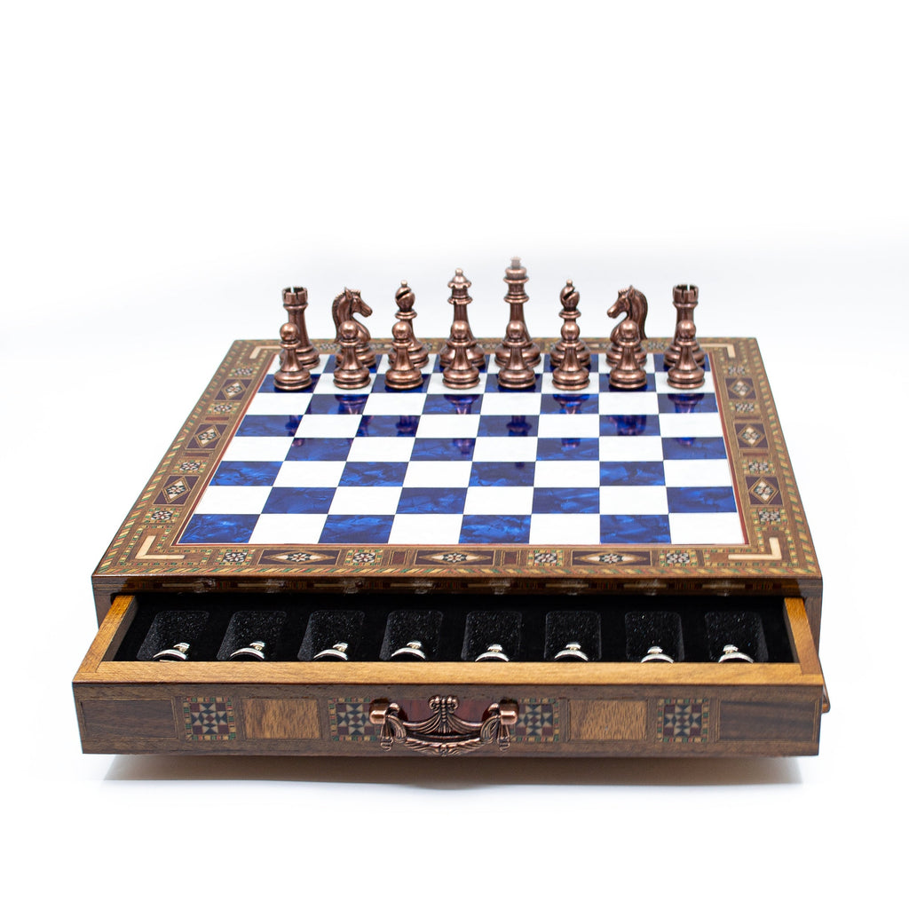 Luxury Wooden Chess Set With Storage Units - Copper And Silver Metal Chess Pieces (Blue)