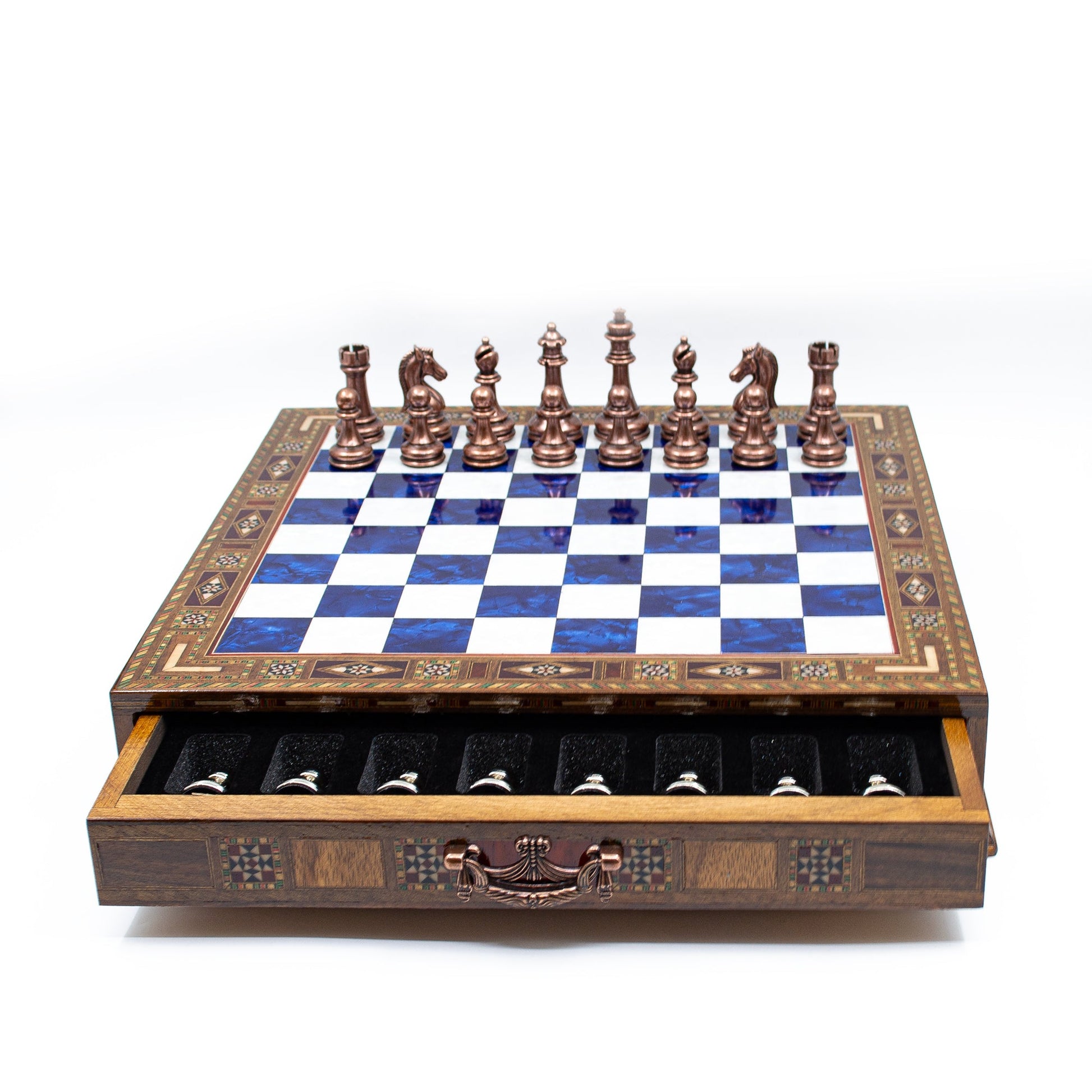 Luxury Wooden Chess Set With Storage Units - Copper And Silver Metal Chess Pieces (Blue)