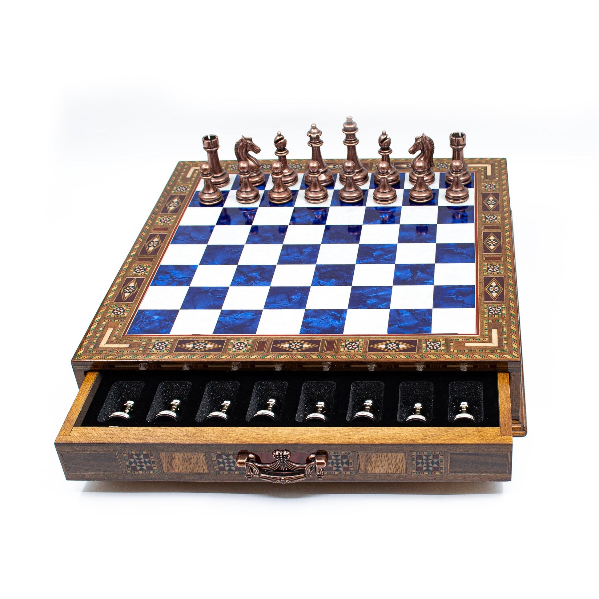 Luxury Wooden Chess Set With Storage Units - Copper And Silver Metal Chess Pieces (Blue)