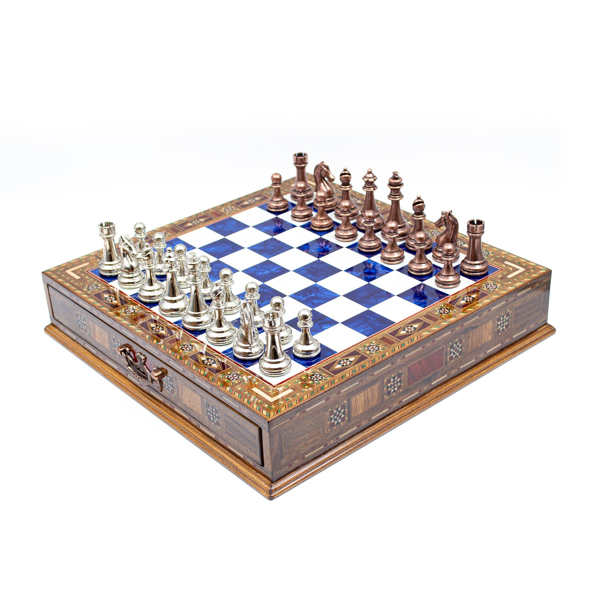 Luxury Wooden Chess Set With Storage Units - Copper And Silver Metal Chess Pieces (Blue)