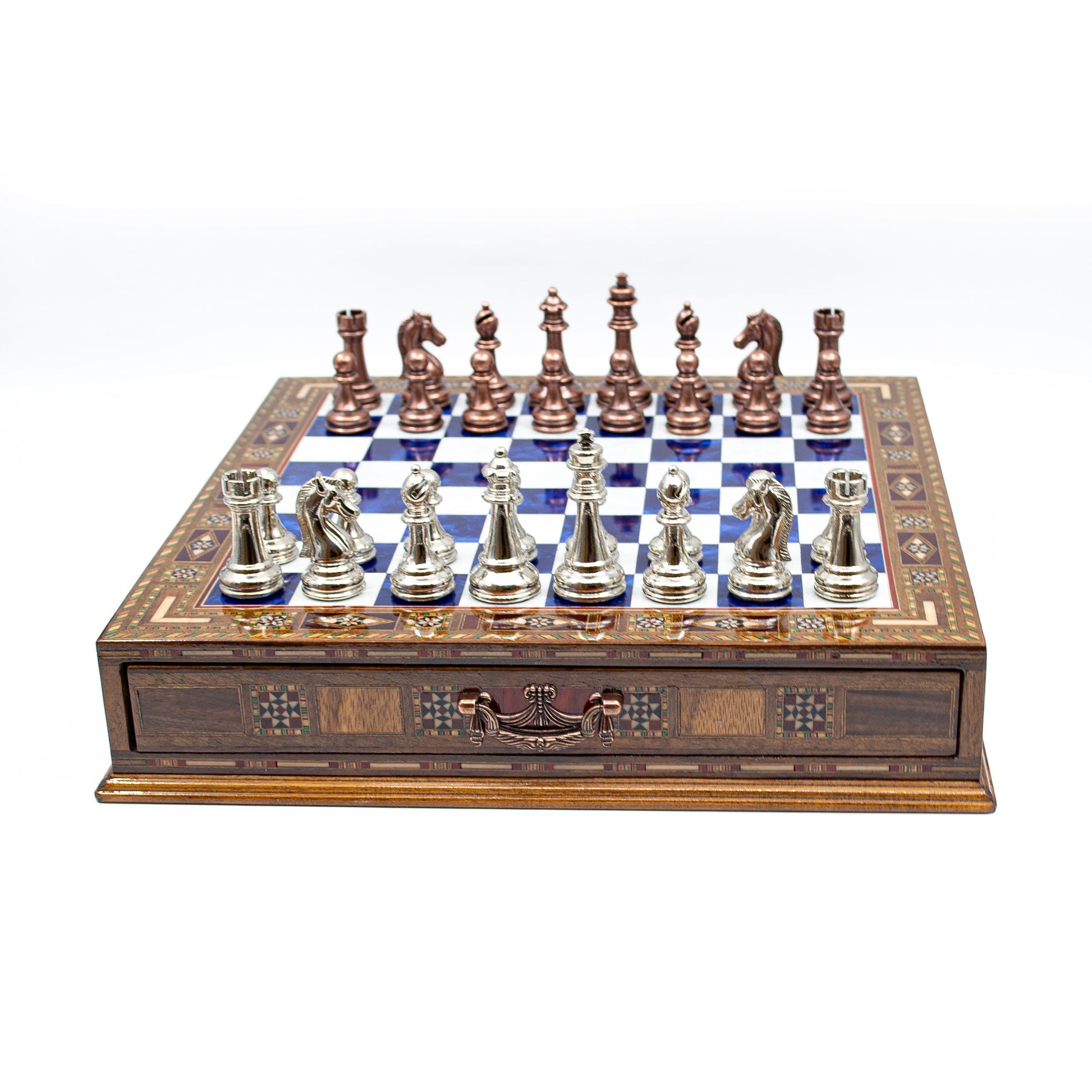 Luxury Wooden Chess Set With Storage Units - Copper And Silver Metal Chess Pieces (Blue)