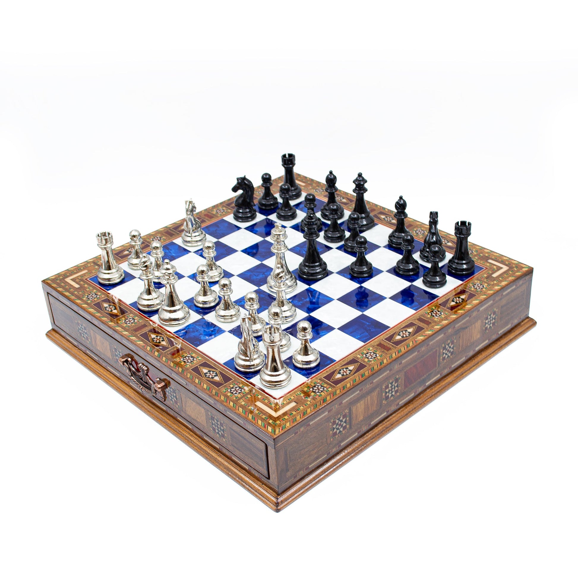 Luxury Wooden Chess Set With Storage Units - Black And Silver Metal Chess Pieces (Blue)