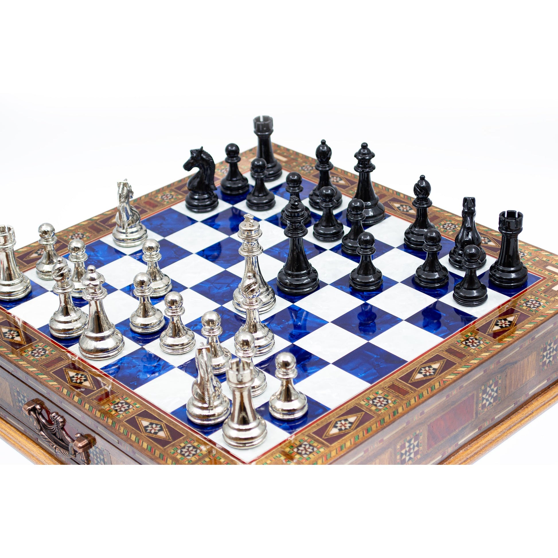 Luxury Wooden Chess Set With Storage Units - Black And Silver Metal Chess Pieces (Blue)