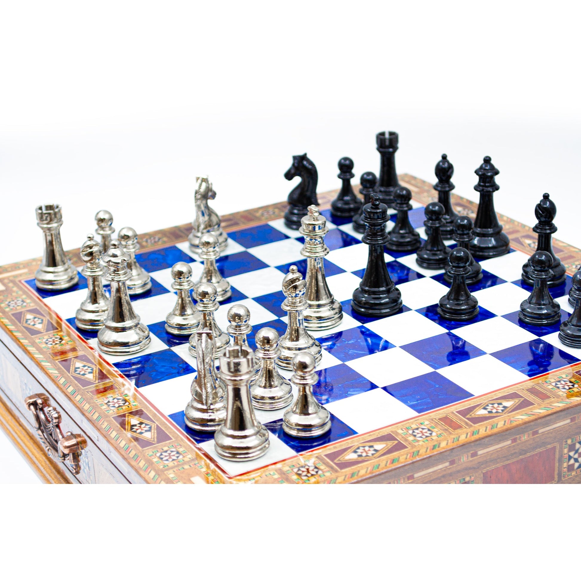 Luxury Wooden Chess Set With Storage Units - Black And Silver Metal Chess Pieces (Blue)