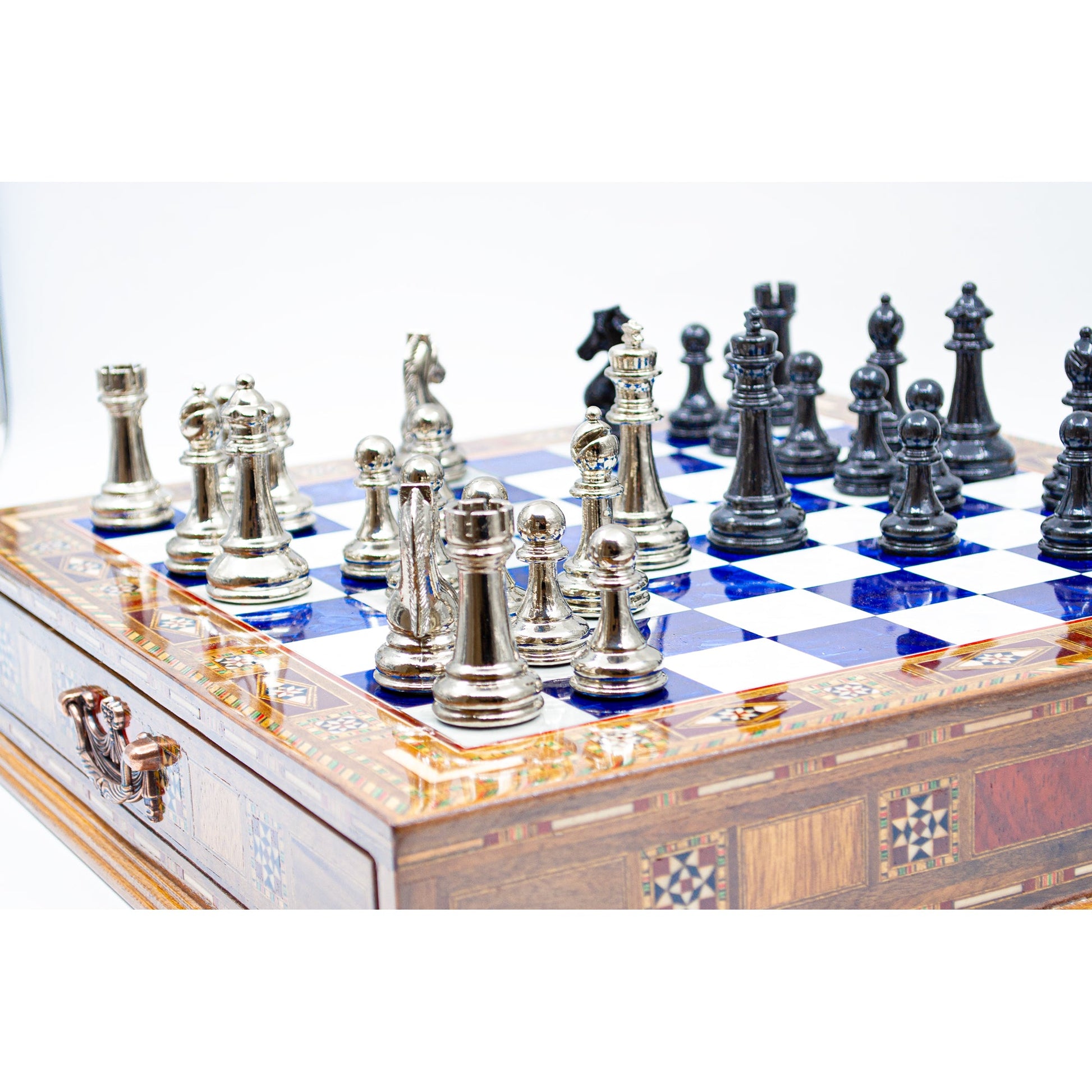 Luxury Wooden Chess Set With Storage Units - Black And Silver Metal Chess Pieces (Blue)