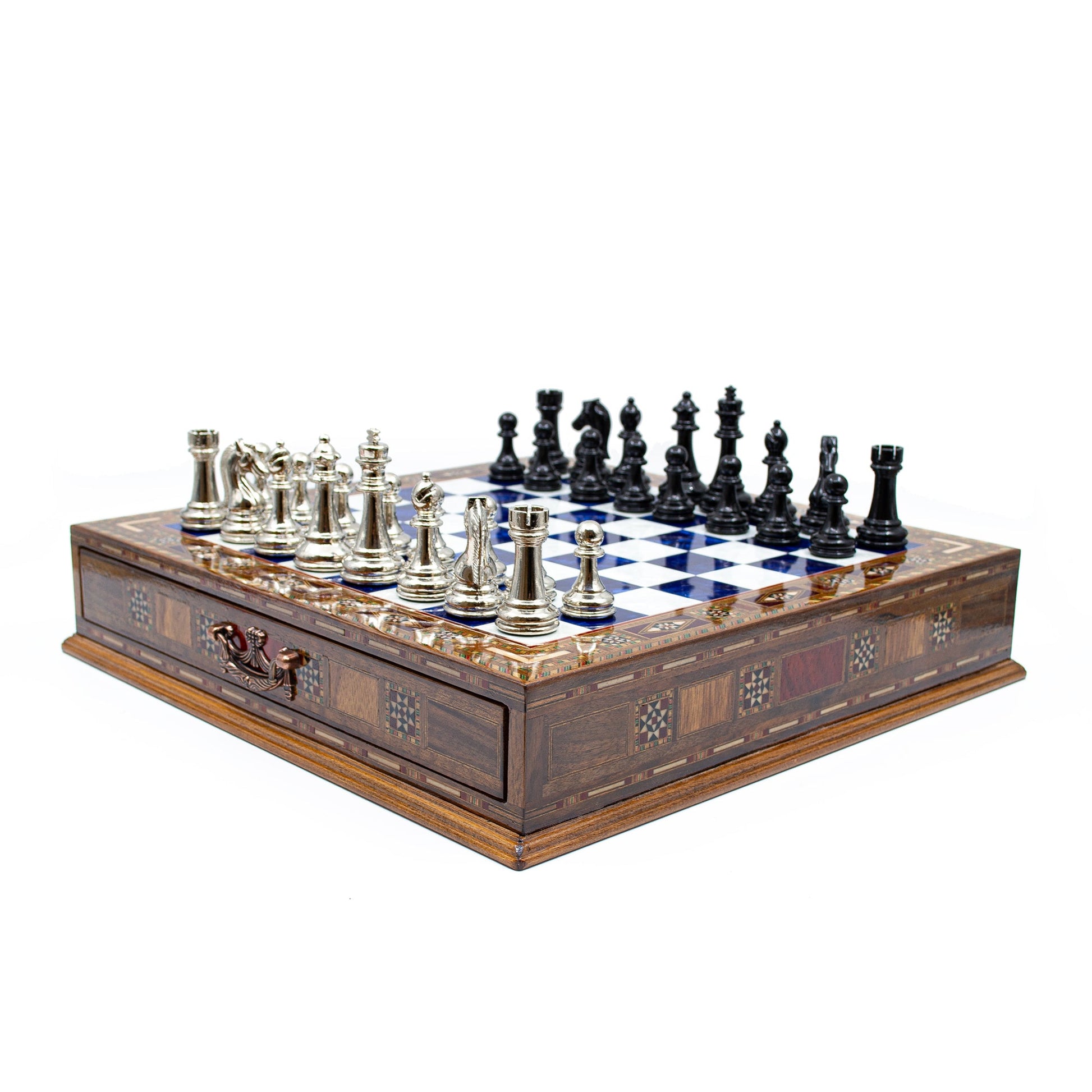 Luxury Wooden Chess Set With Storage Units - Black And Silver Metal Chess Pieces (Blue)