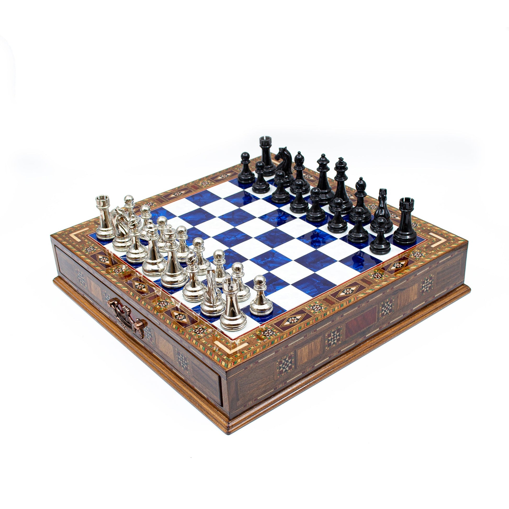 Luxury Wooden Chess Set With Storage Units - Black And Silver Metal Chess Pieces (Blue)