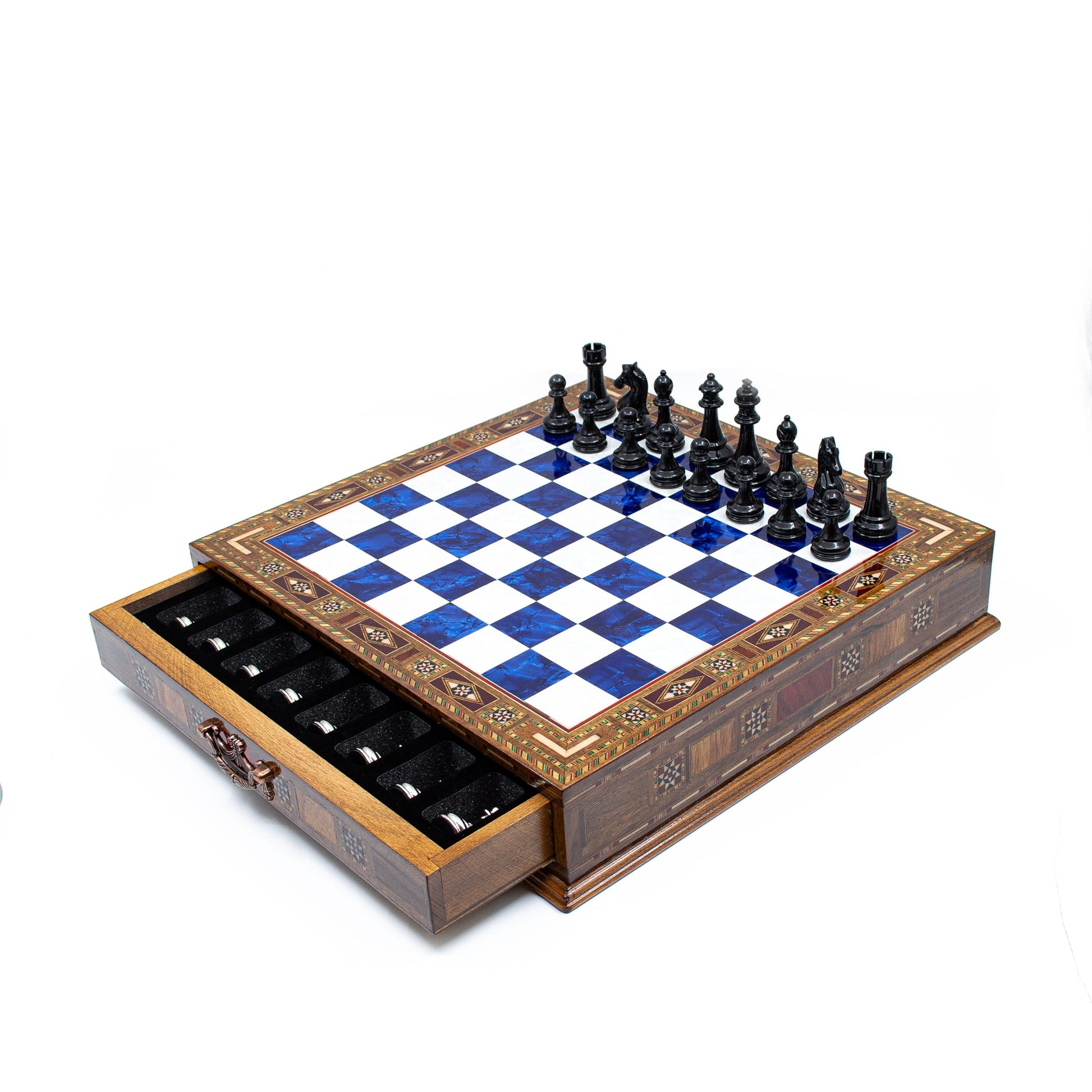 Luxury Wooden Chess Set With Storage Units - Black And Silver Metal Chess Pieces (Blue)