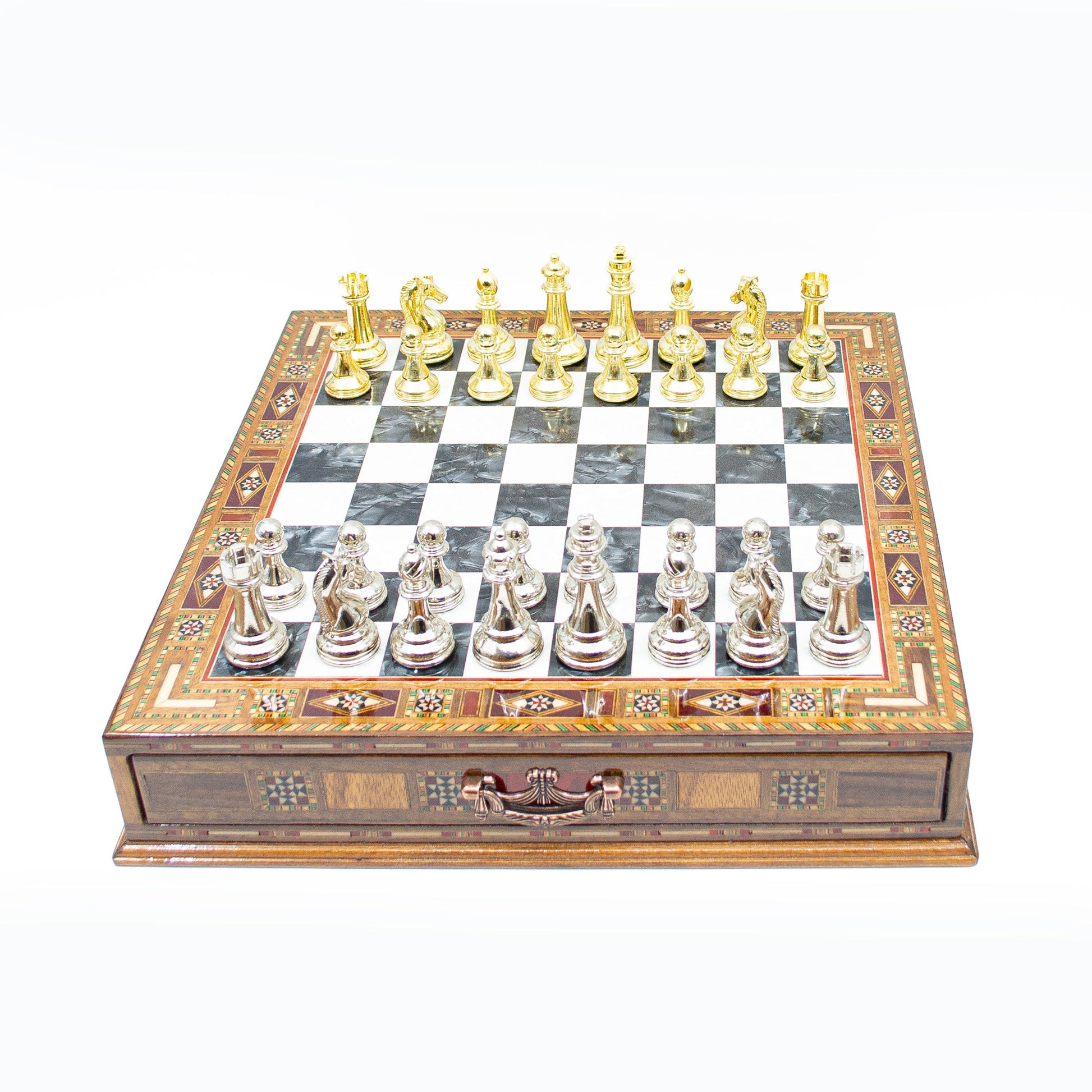 Luxury Wooden Chess Set With Storage Units - Gold And Silver Metal Chess Pieces (Black Board)