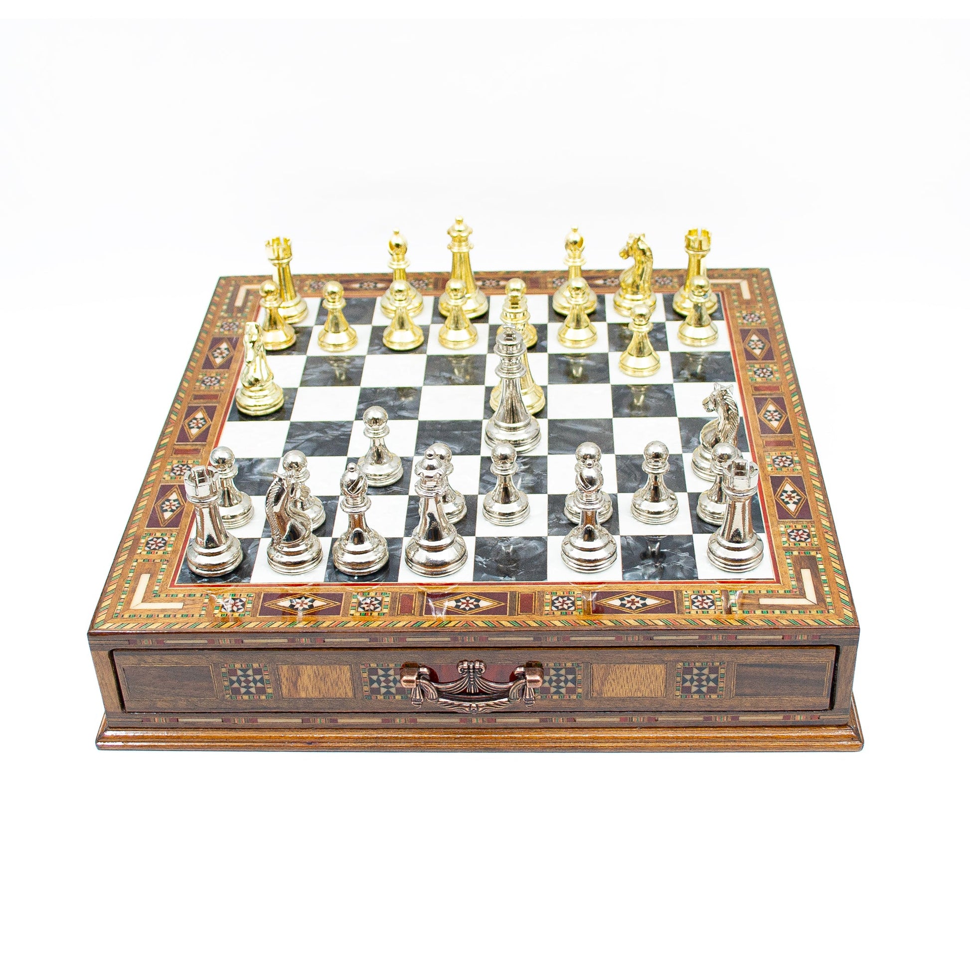 Luxury Wooden Chess Set With Storage Units - Gold And Silver Metal Chess Pieces (Black Board)