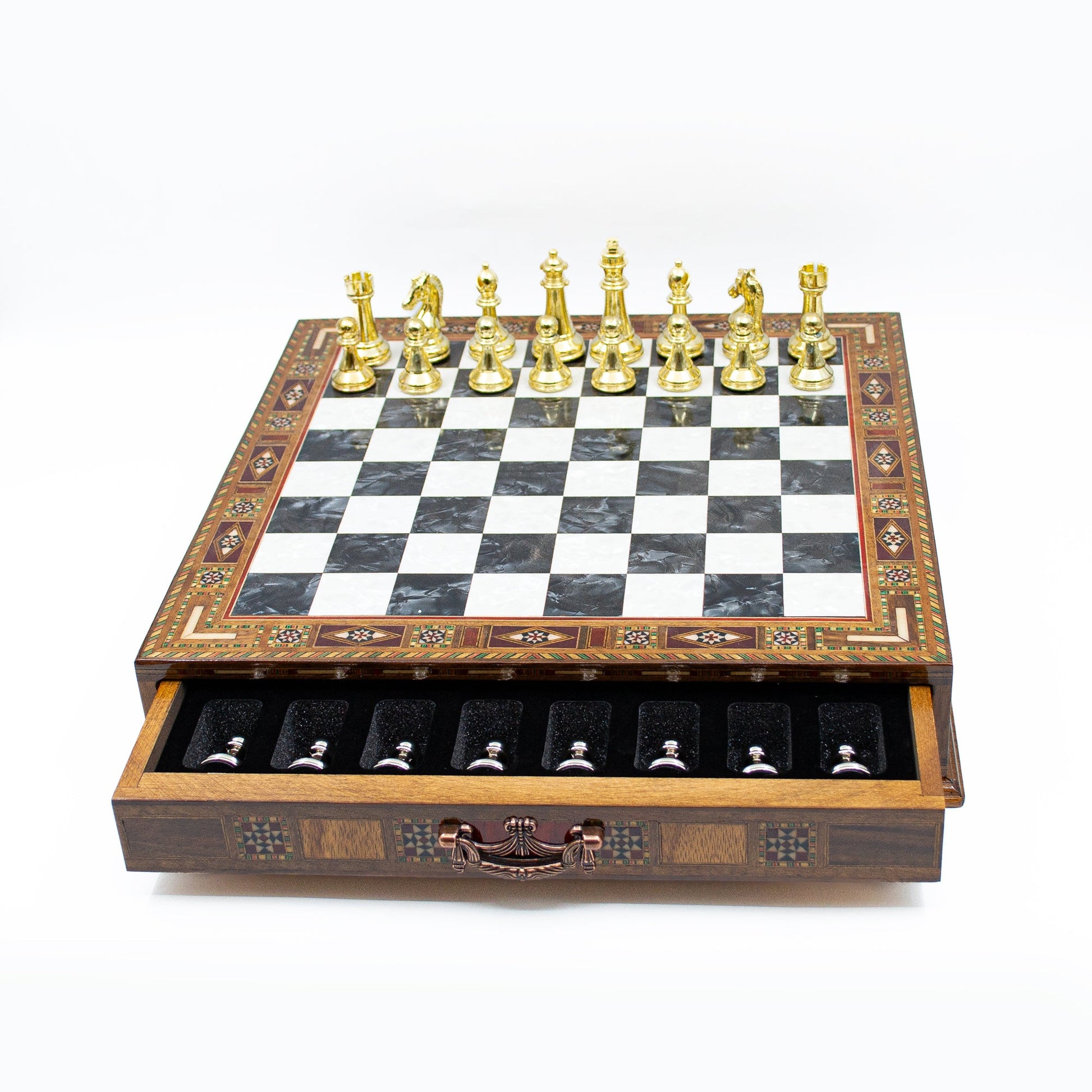 Luxury Wooden Chess Set With Storage Units - Gold And Silver Metal Chess Pieces (Black Board)