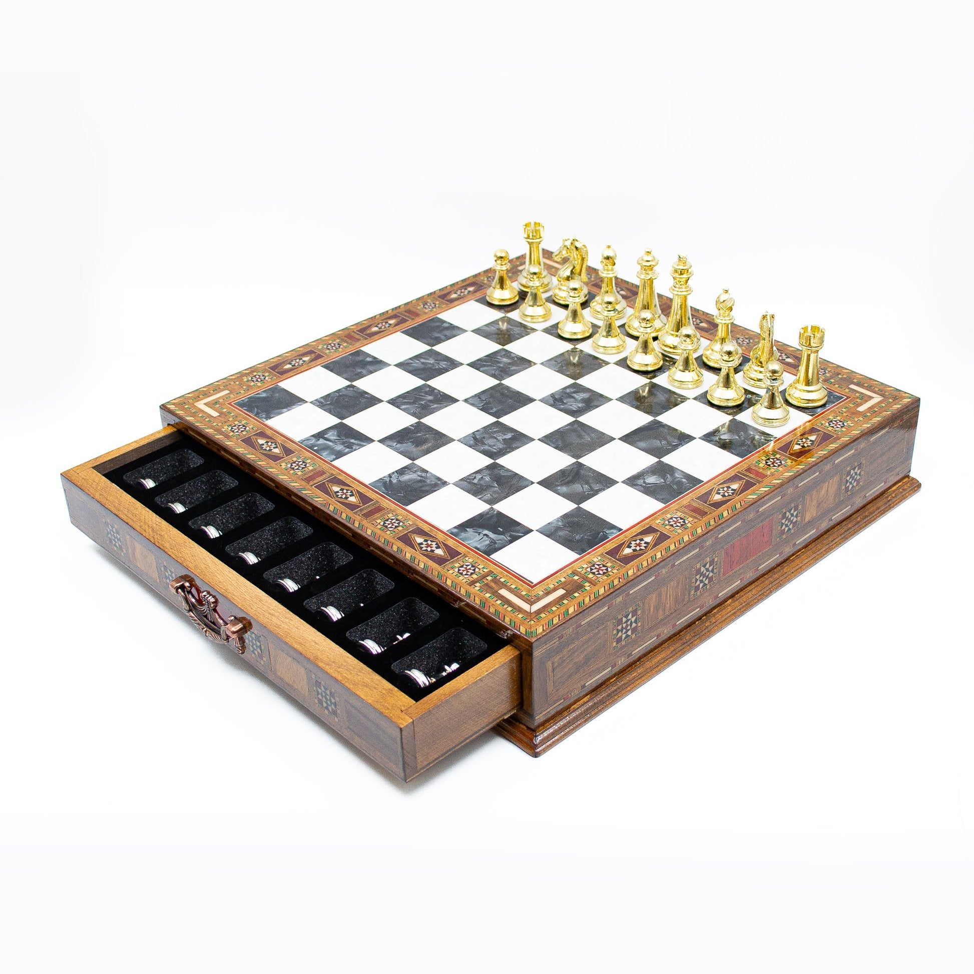 Luxury Wooden Chess Set With Storage Units - Gold And Silver Metal Chess Pieces (Black Board)