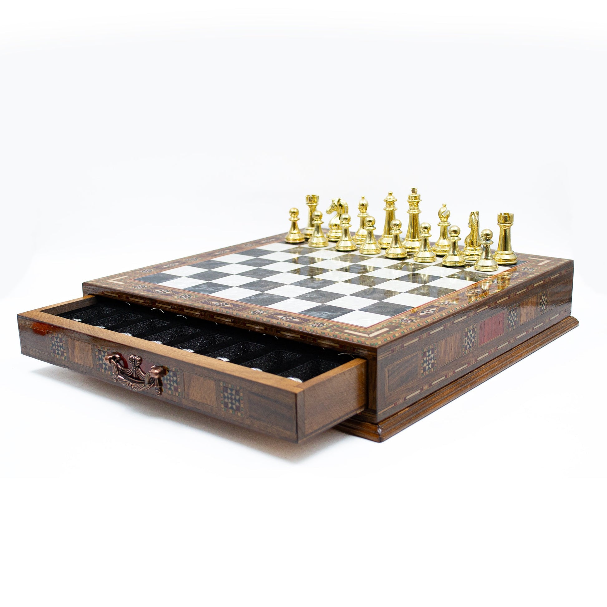 Luxury Wooden Chess Set With Storage Units - Gold And Silver Metal Chess Pieces (Black Board)