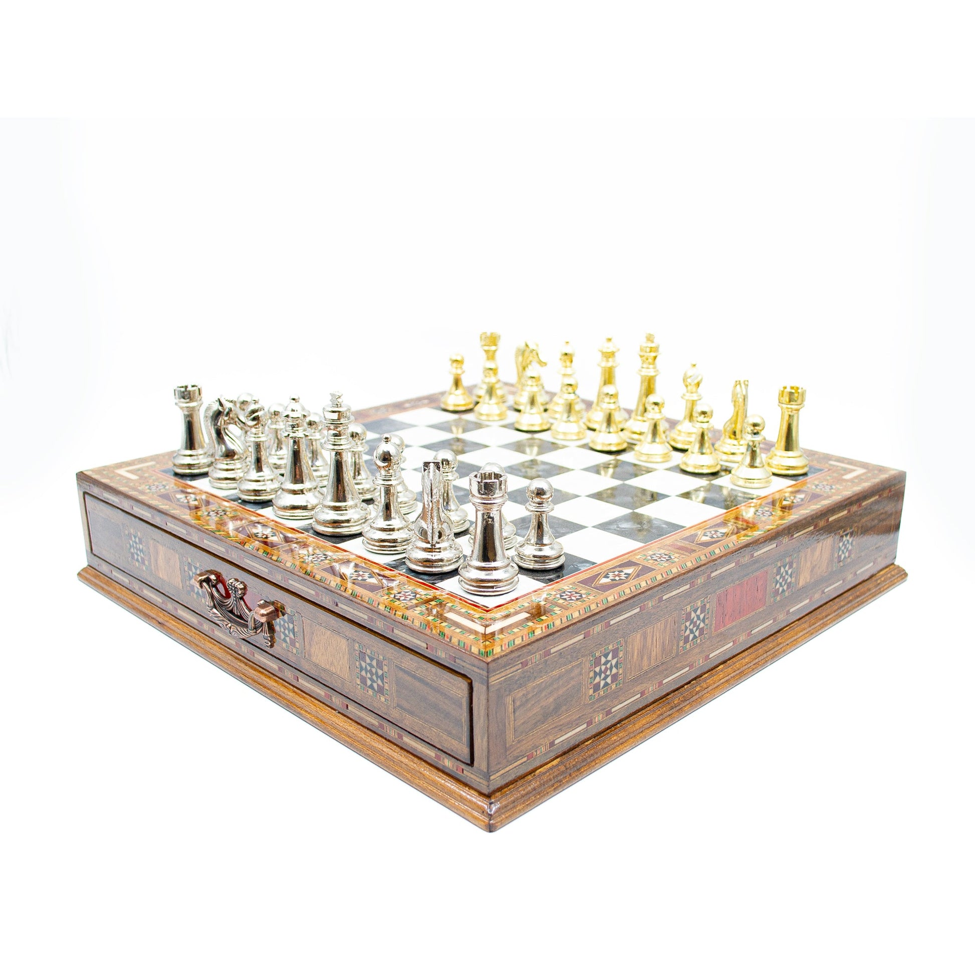 Luxury Wooden Chess Set With Storage Units - Gold And Silver Metal Chess Pieces (Black Board)