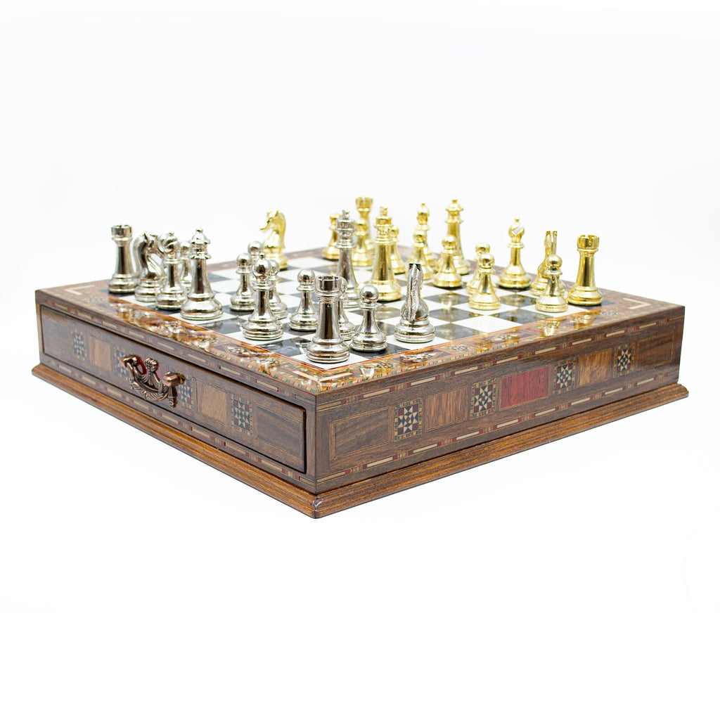Luxury Wooden Chess Set With Storage Units - Gold And Silver Metal Chess Pieces (Black Board)