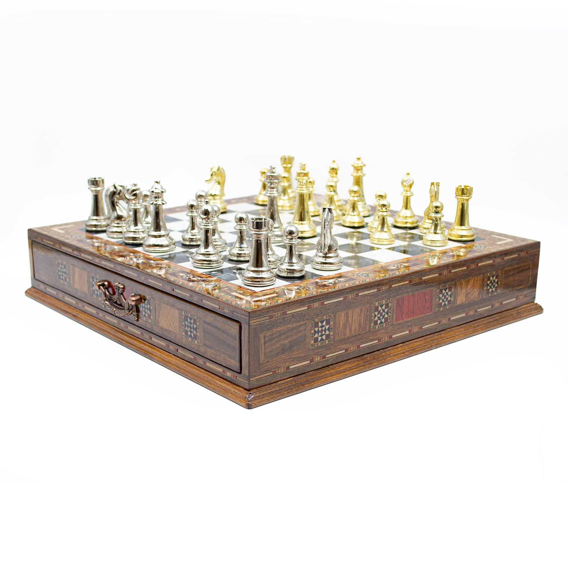 Luxury Wooden Chess Set With Storage Units - Gold And Silver Metal Chess Pieces (Black Board)