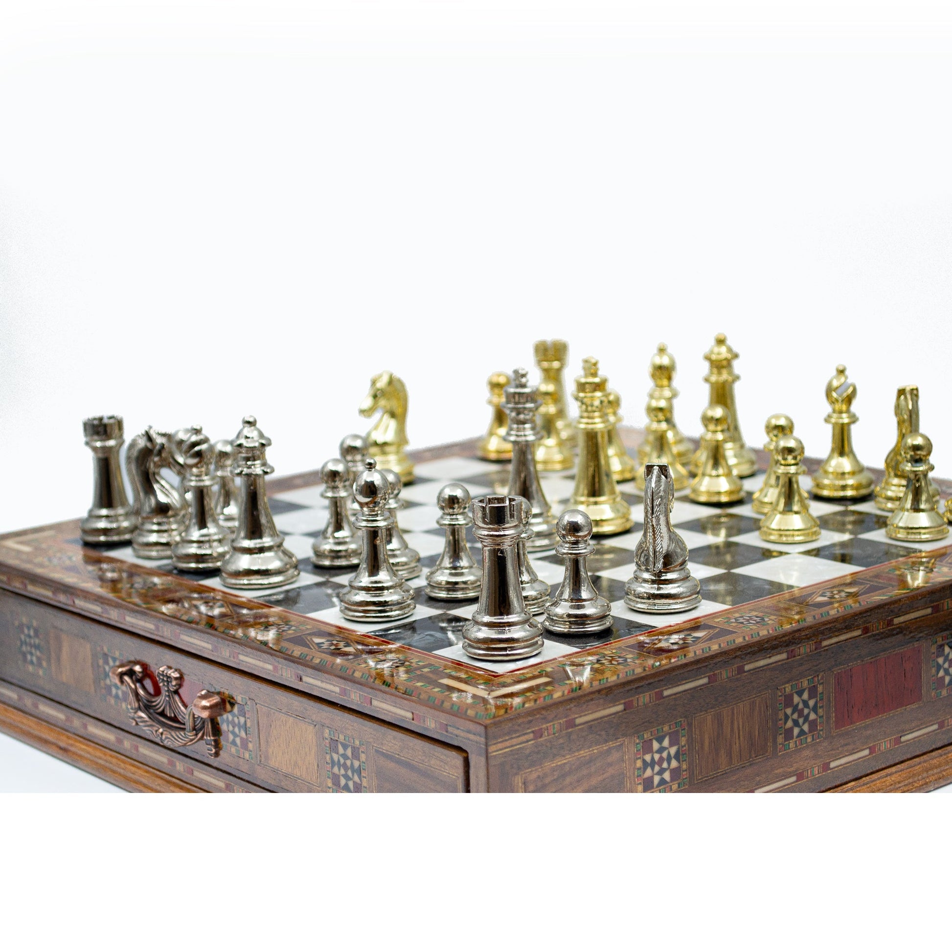 Luxury Wooden Chess Set With Storage Units - Gold And Silver Metal Chess Pieces (Black Board)