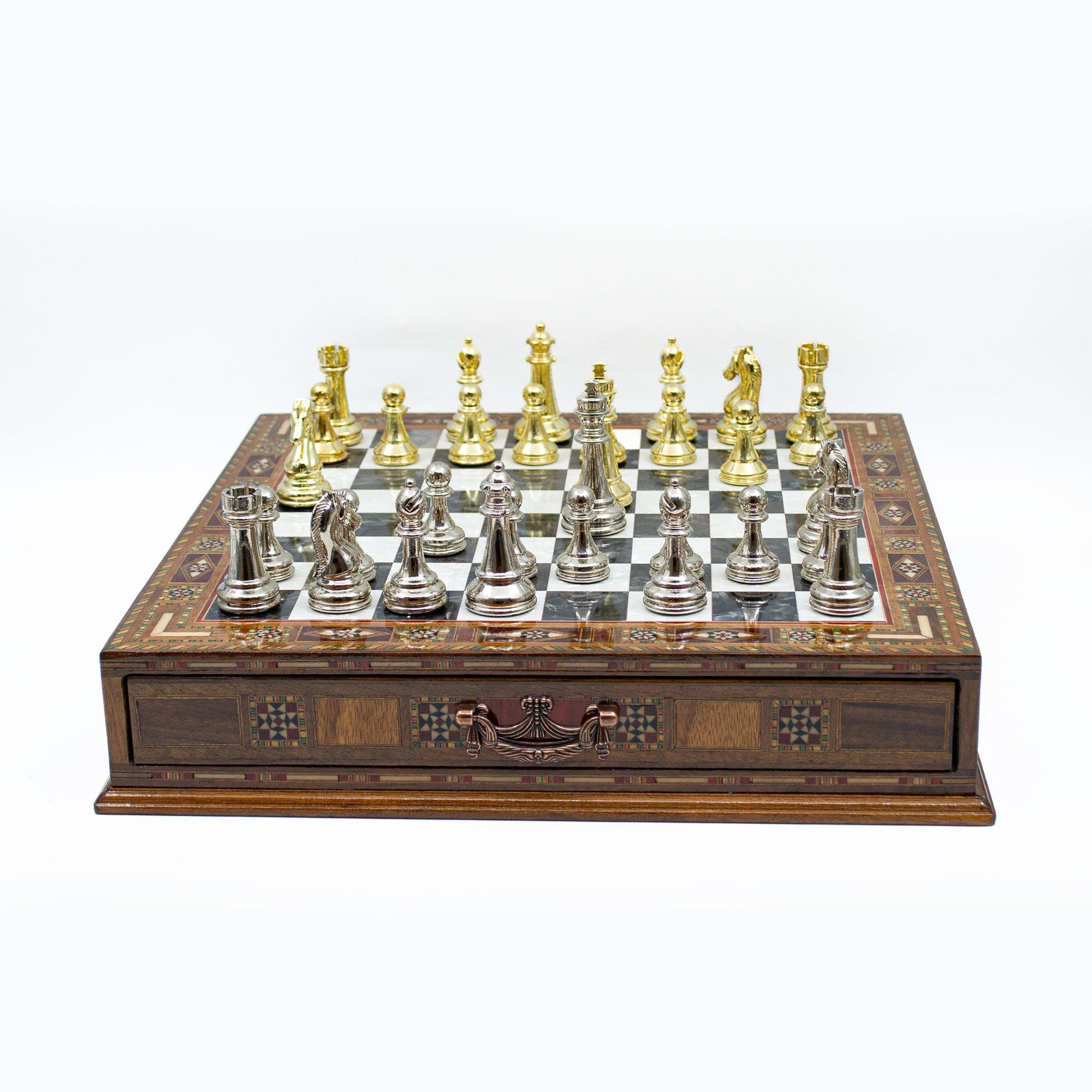 Luxury Wooden Chess Set With Storage Units - Gold And Silver Metal Chess Pieces (Black Board)