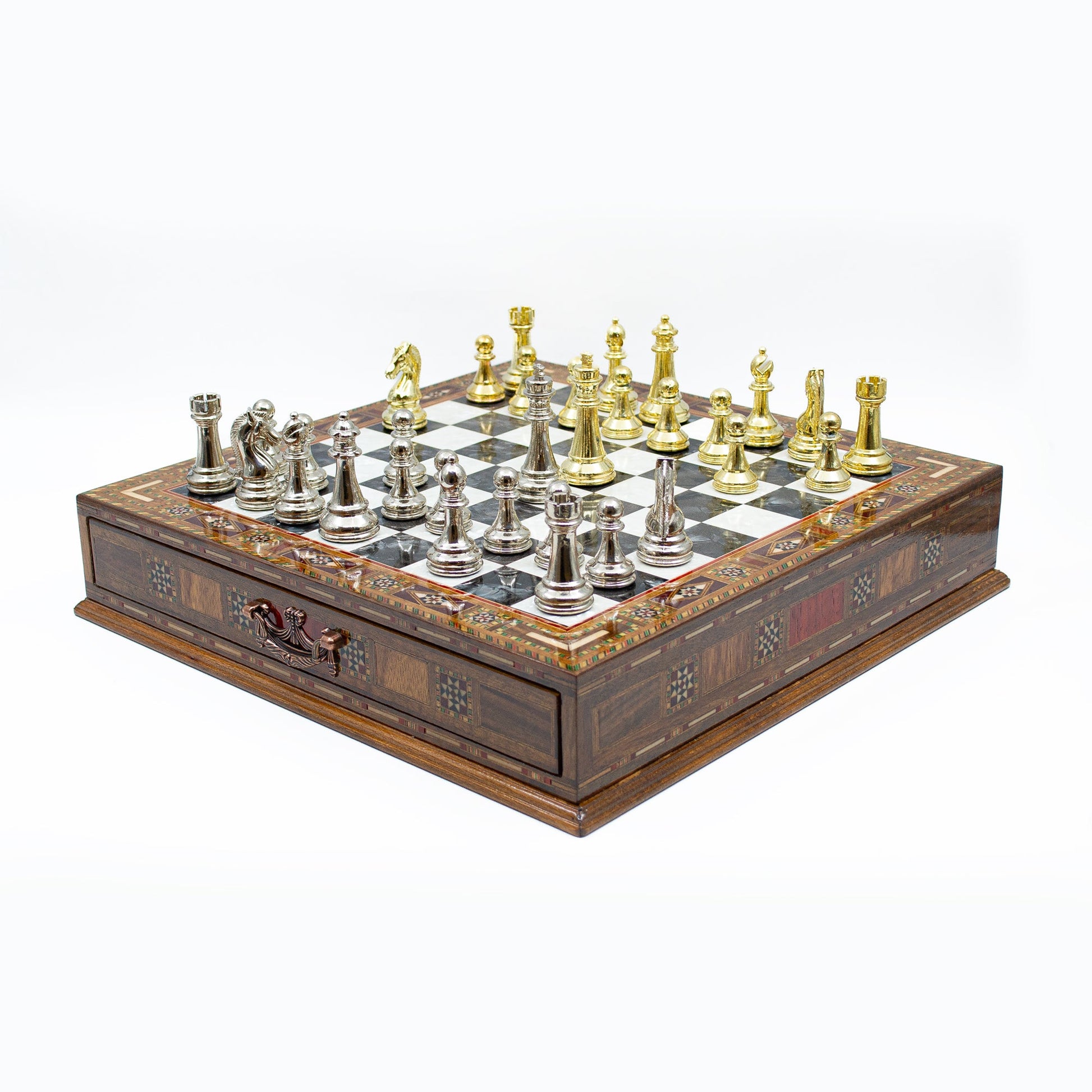 Luxury Wooden Chess Set With Storage Units - Gold And Silver Metal Chess Pieces (Black Board)