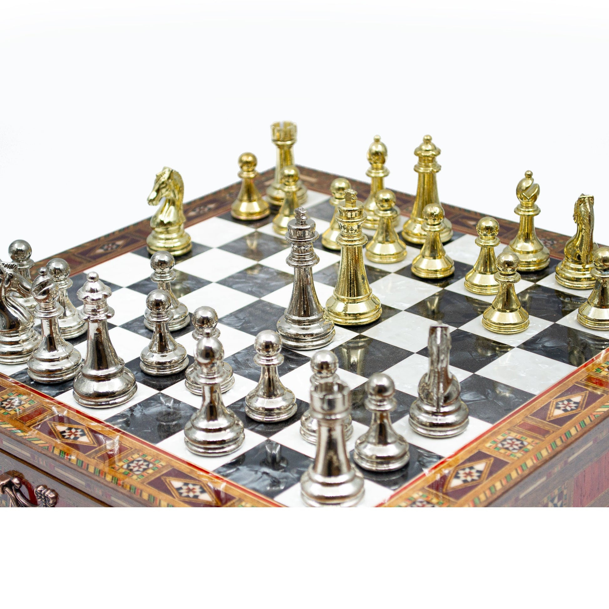 Luxury Wooden Chess Set With Storage Units - Gold And Silver Metal Chess Pieces (Black Board)