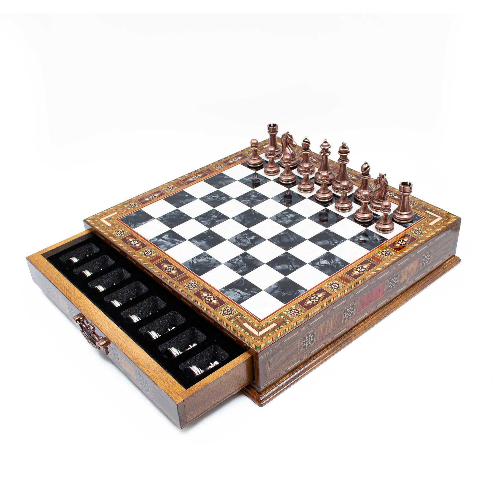 Luxury Wooden Chess Set With Storage Units - Copper And Silver Metal Chess Pieces (Black Board)