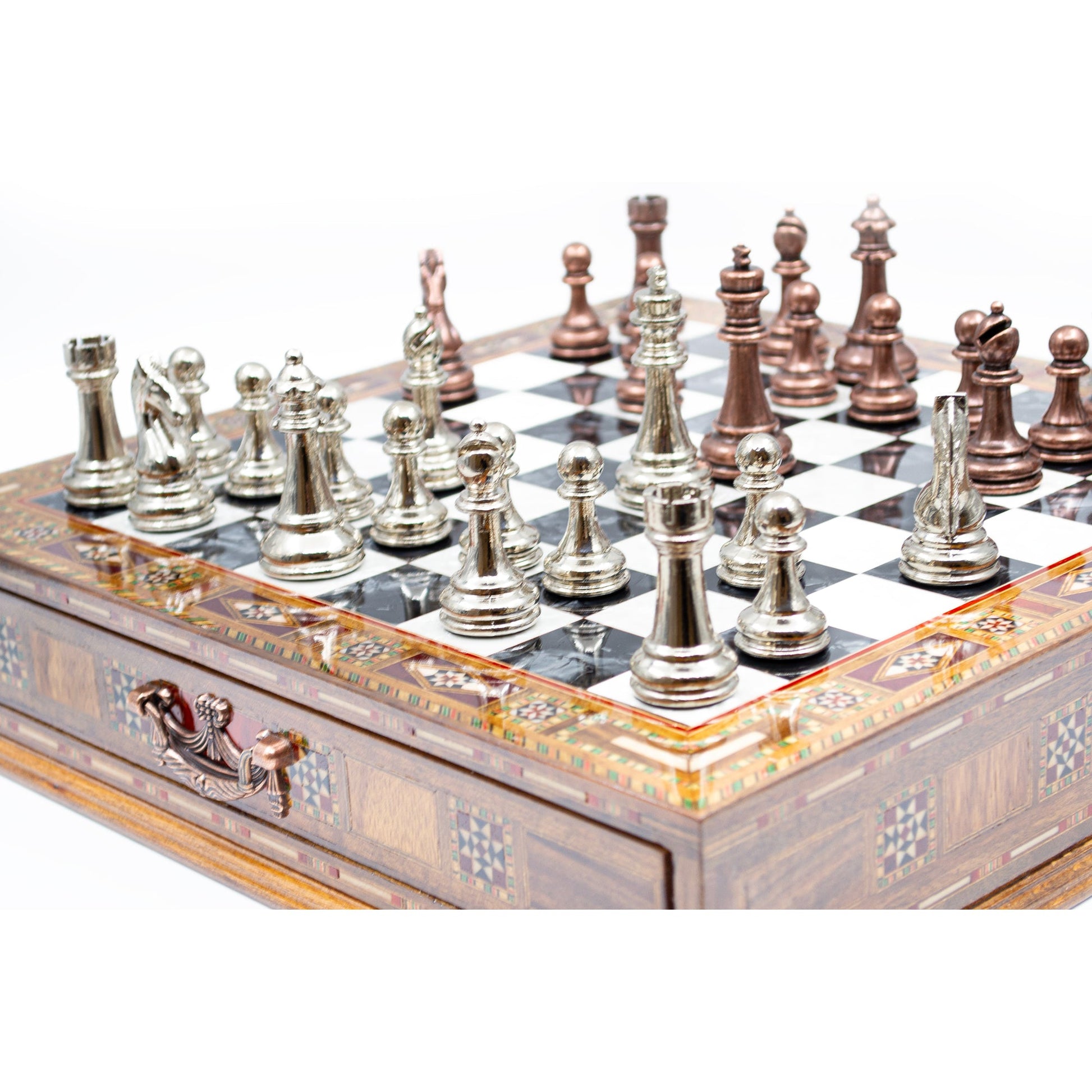 Luxury Wooden Chess Set With Storage Units - Copper And Silver Metal Chess Pieces (Black Board)