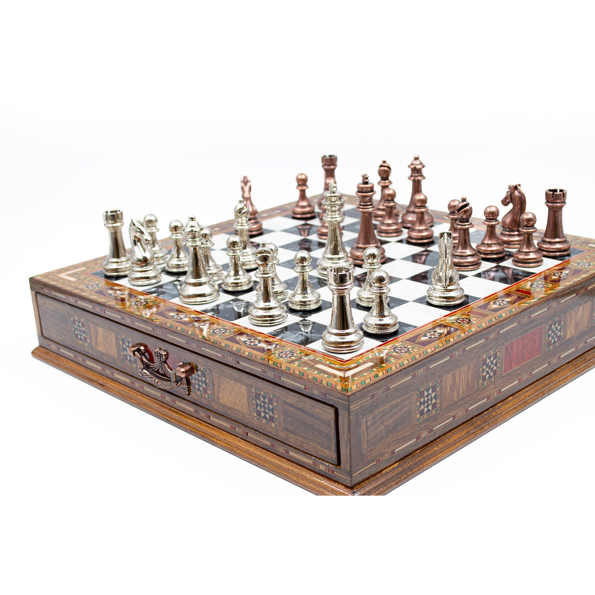 Luxury Wooden Chess Set With Storage Units - Copper And Silver Metal Chess Pieces (Black Board)