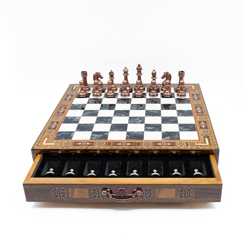 Luxury Wooden Chess Set With Storage Units - Copper And Silver Metal Chess Pieces (Black Board)