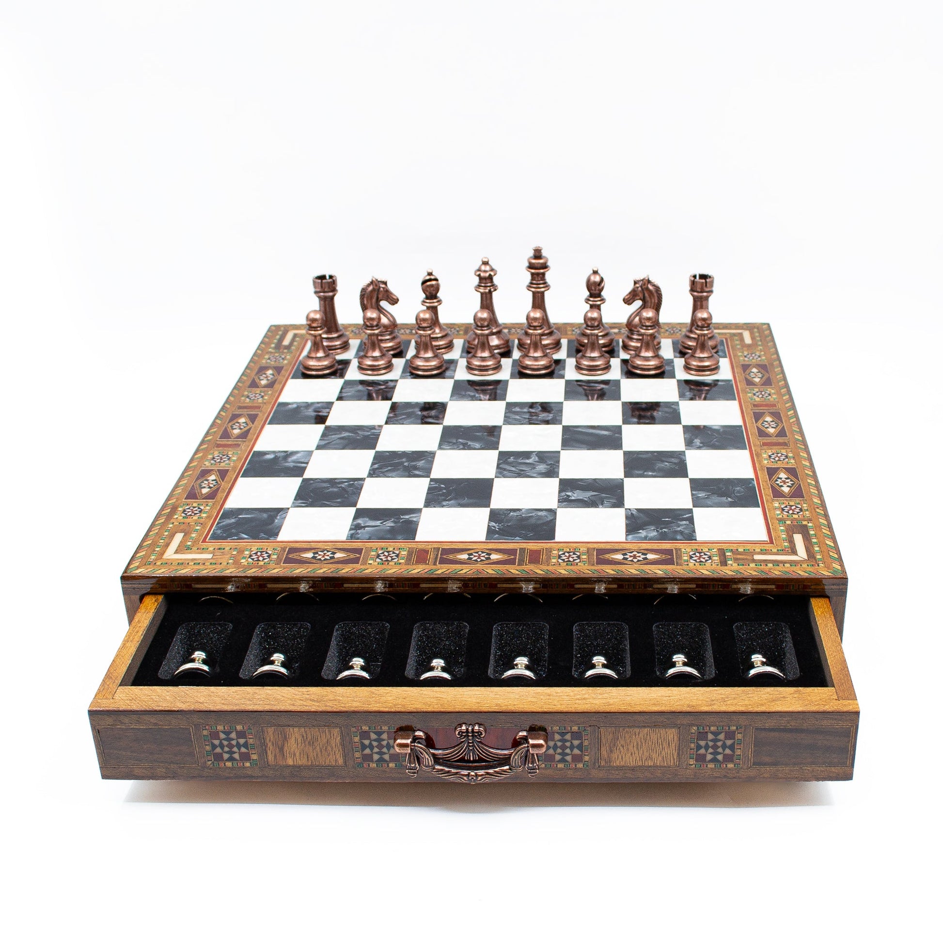 Luxury Wooden Chess Set With Storage Units - Copper And Silver Metal Chess Pieces (Black Board)