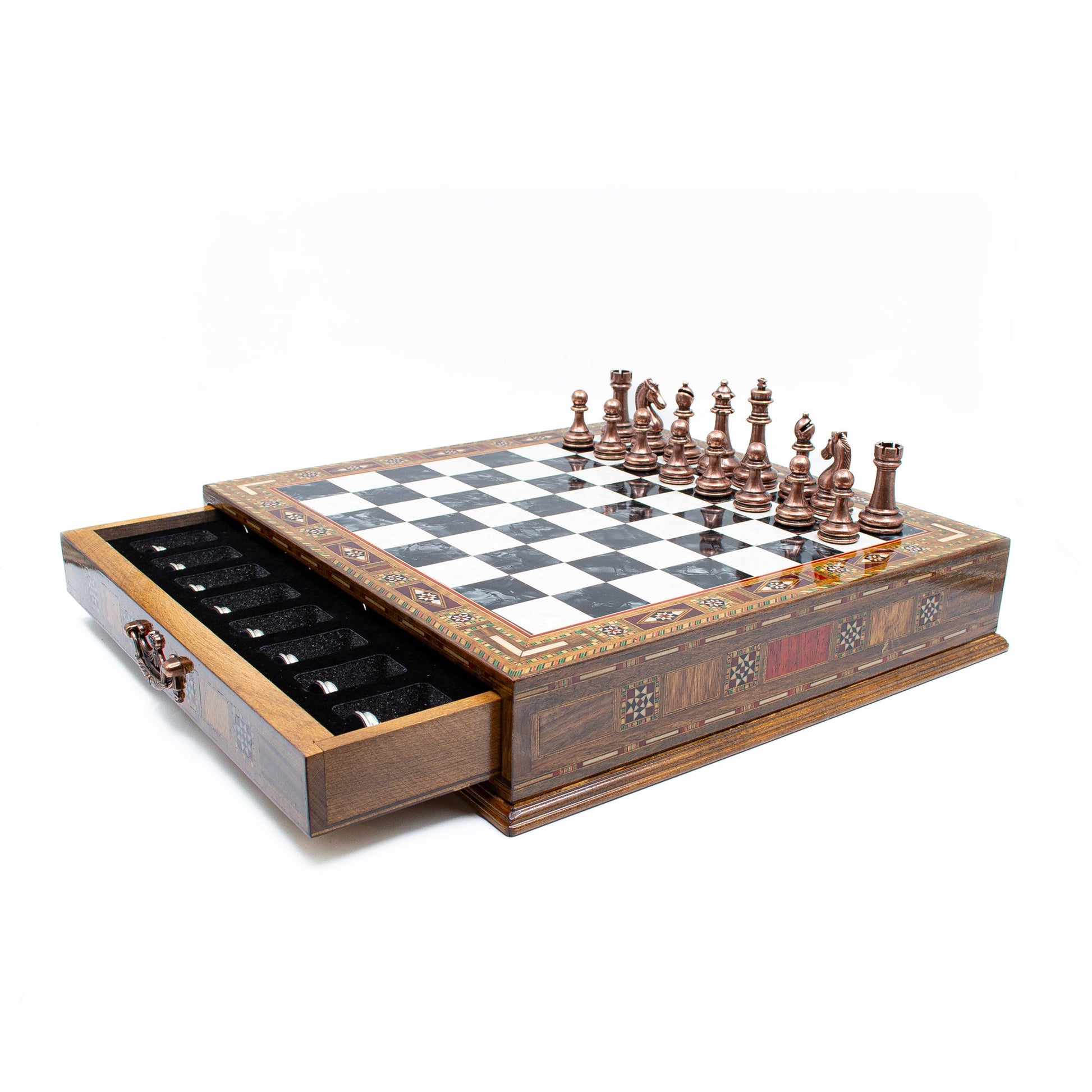 Luxury Wooden Chess Set With Storage Units - Copper And Silver Metal Chess Pieces (Black Board)