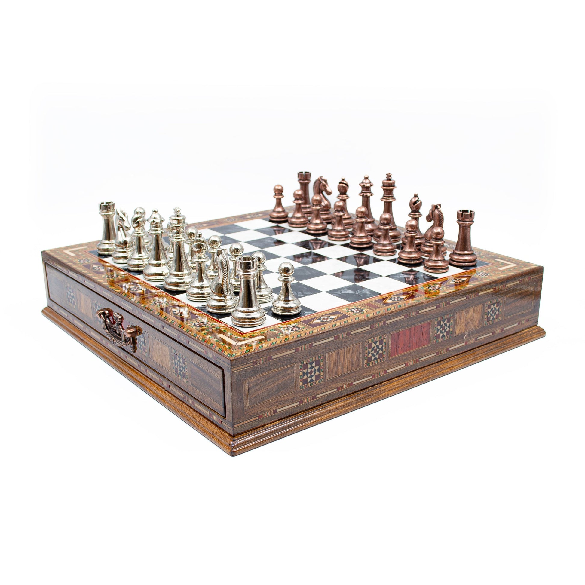 Luxury Wooden Chess Set With Storage Units - Copper And Silver Metal Chess Pieces (Black Board)