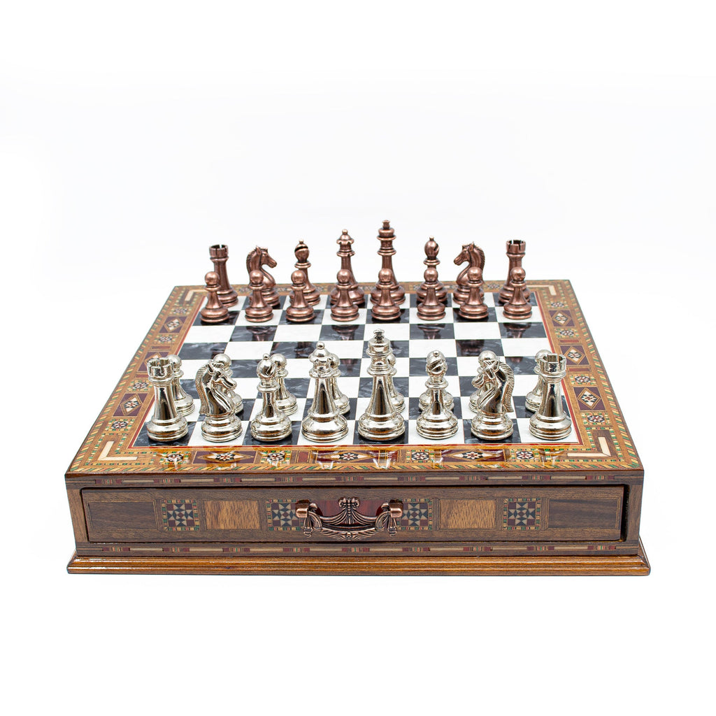 Luxury Wooden Chess Set With Storage Units - Copper And Silver Metal Chess Pieces (Black Board)
