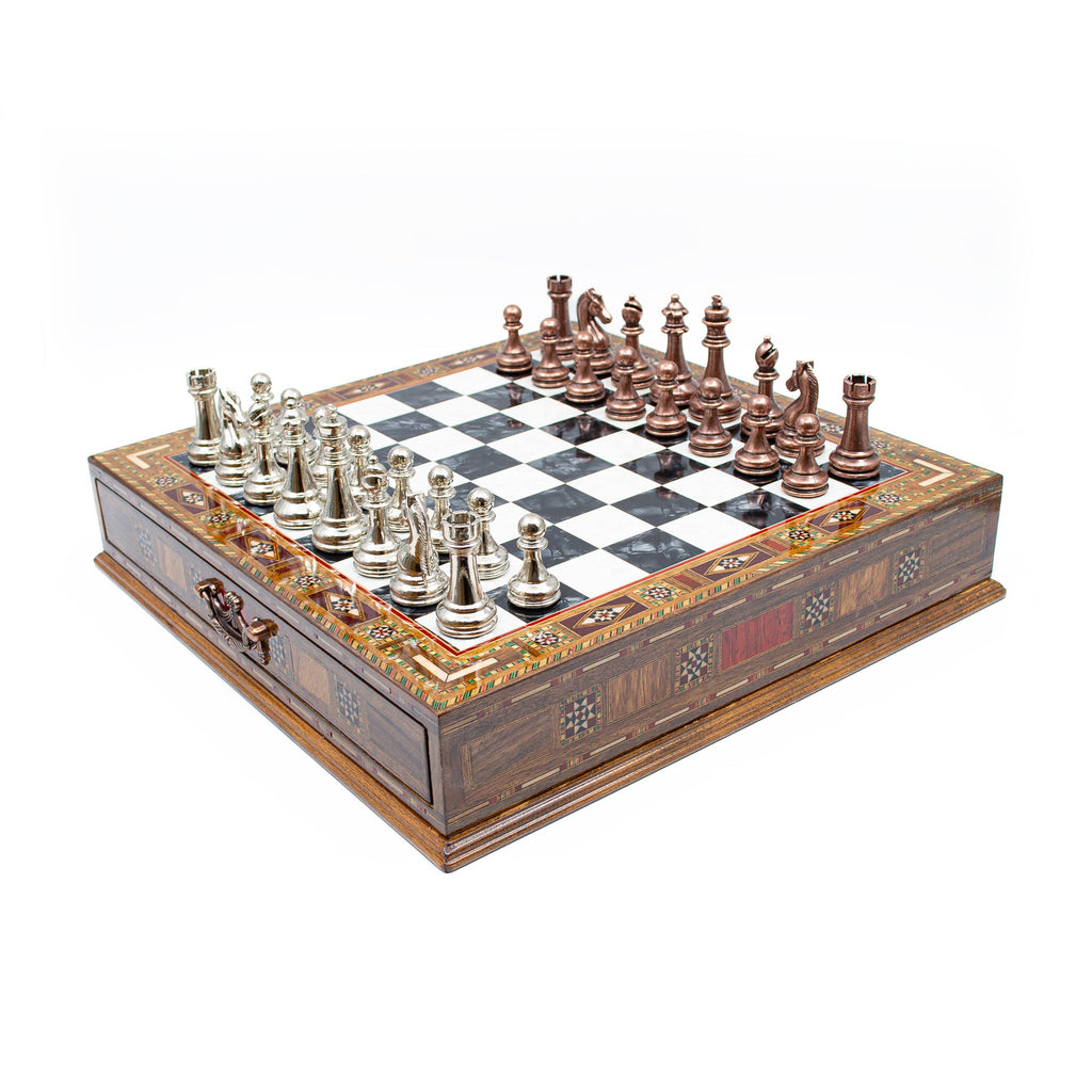 Luxury Wooden Chess Set With Storage Units - Copper And Silver Metal Chess Pieces (Black Board)