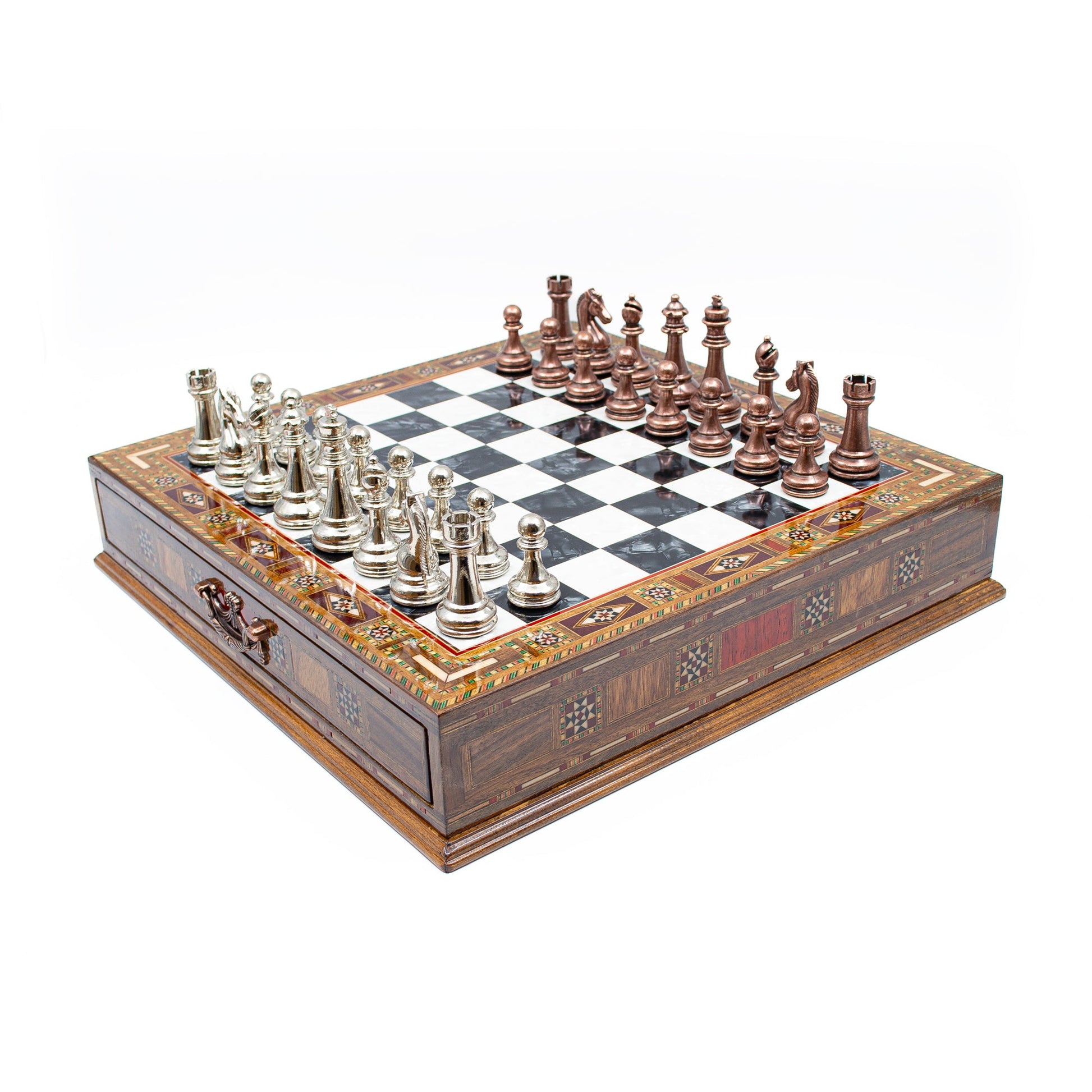 Luxury Wooden Chess Set With Storage Units - Copper And Silver Metal Chess Pieces (Black Board)