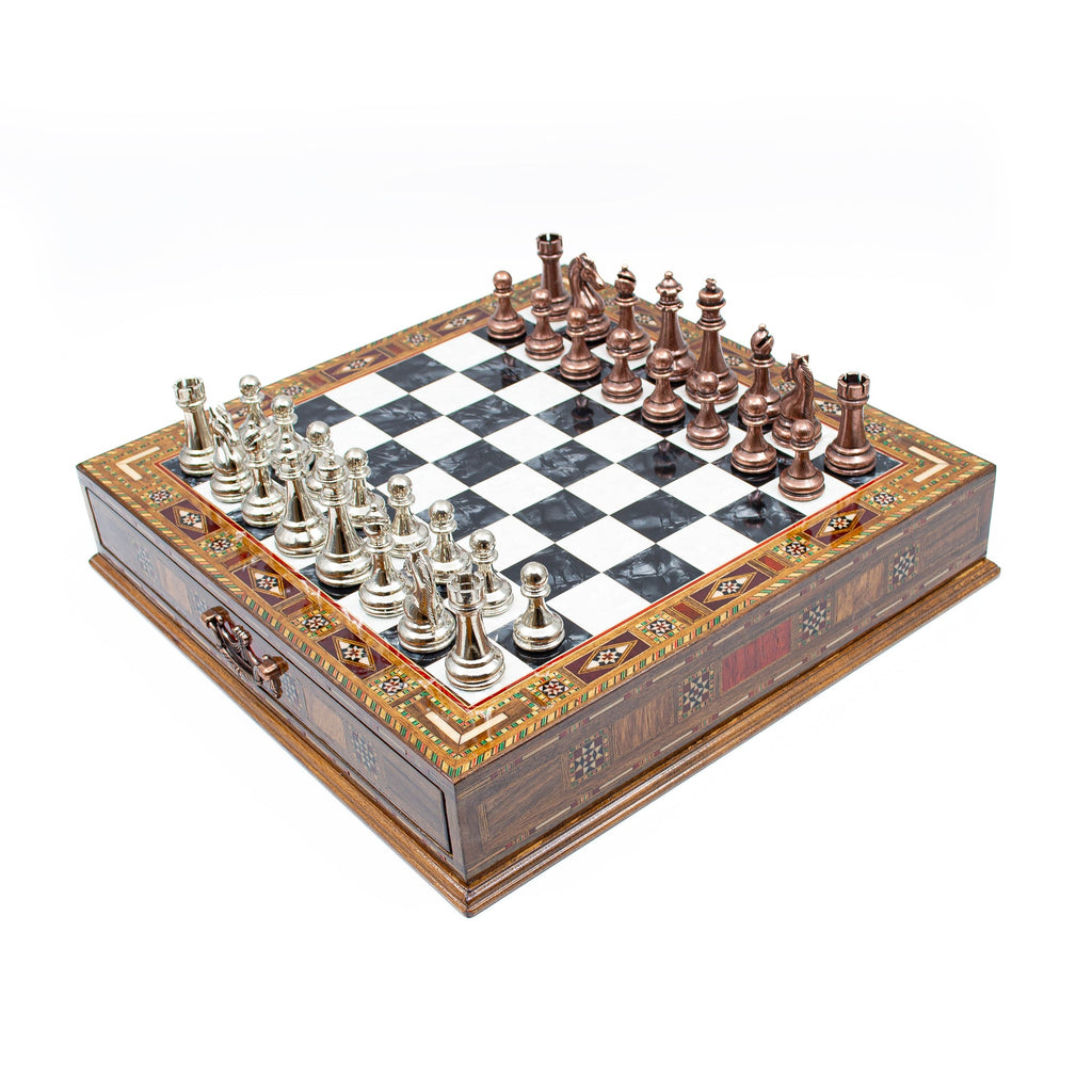 Luxury Wooden Chess Set With Storage Units - Copper And Silver Metal Chess Pieces (Black Board)