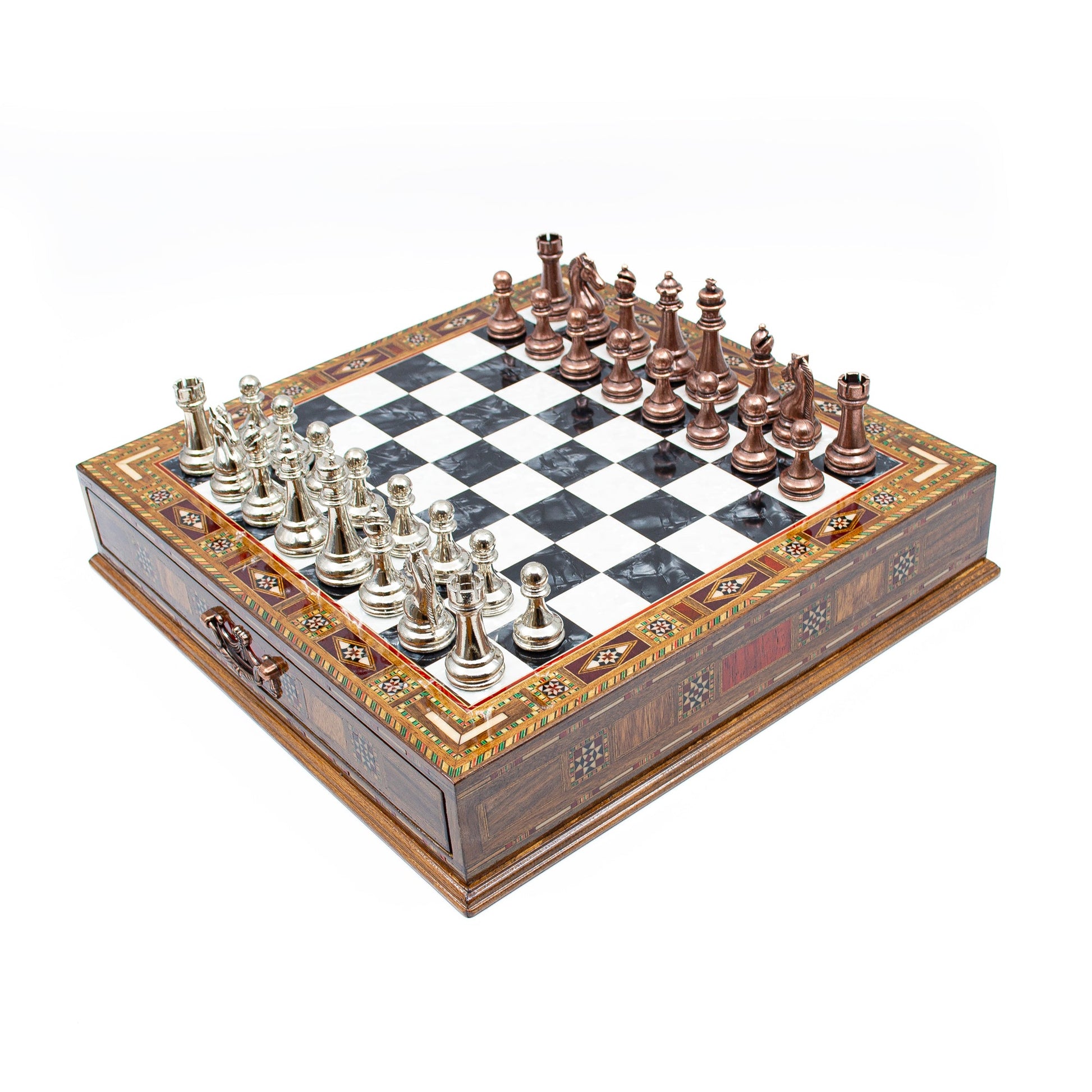 Luxury Wooden Chess Set With Storage Units - Copper And Silver Metal Chess Pieces (Black Board)