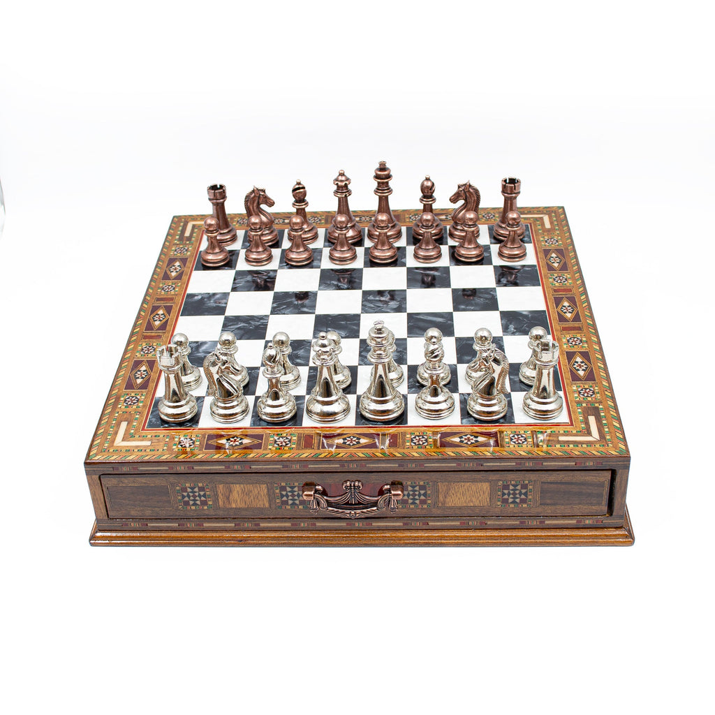 Luxury Wooden Chess Set With Storage Units - Copper And Silver Metal Chess Pieces (Black Board)