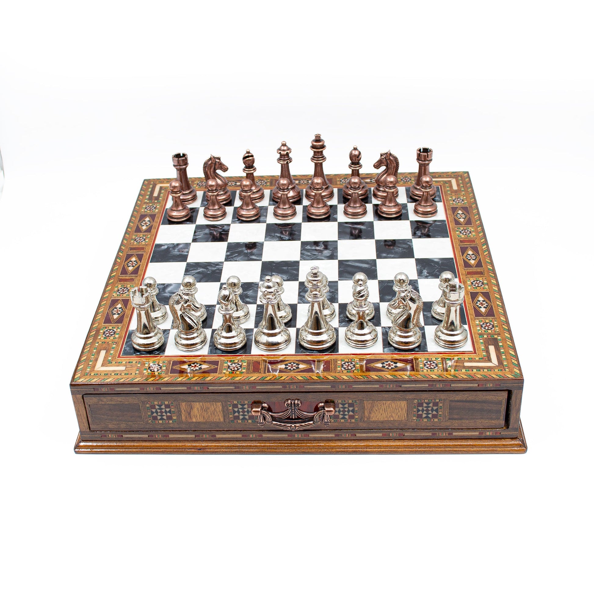 Luxury Wooden Chess Set With Storage Units - Copper And Silver Metal Chess Pieces (Black Board)