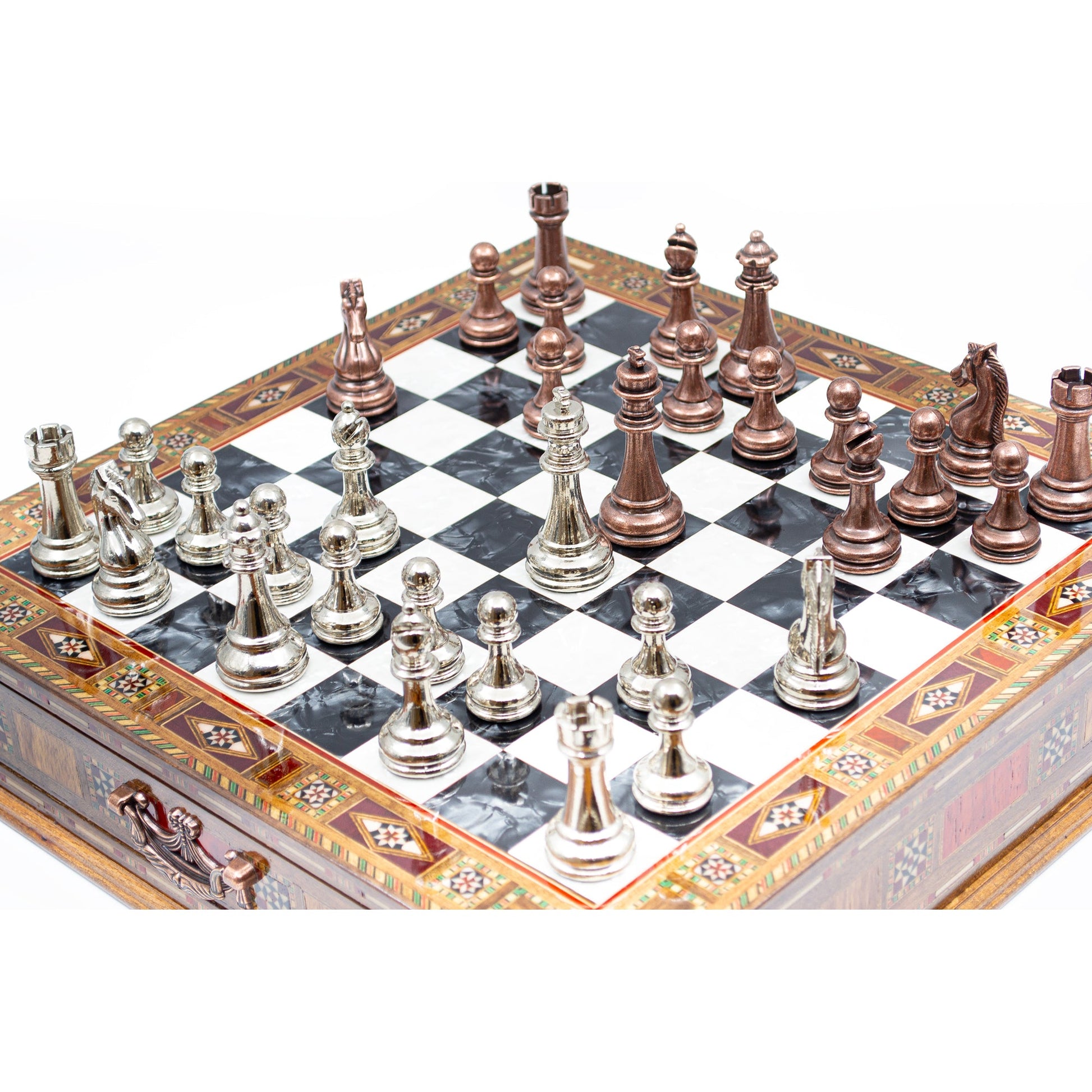 Luxury Wooden Chess Set With Storage Units - Copper And Silver Metal Chess Pieces (Black Board)